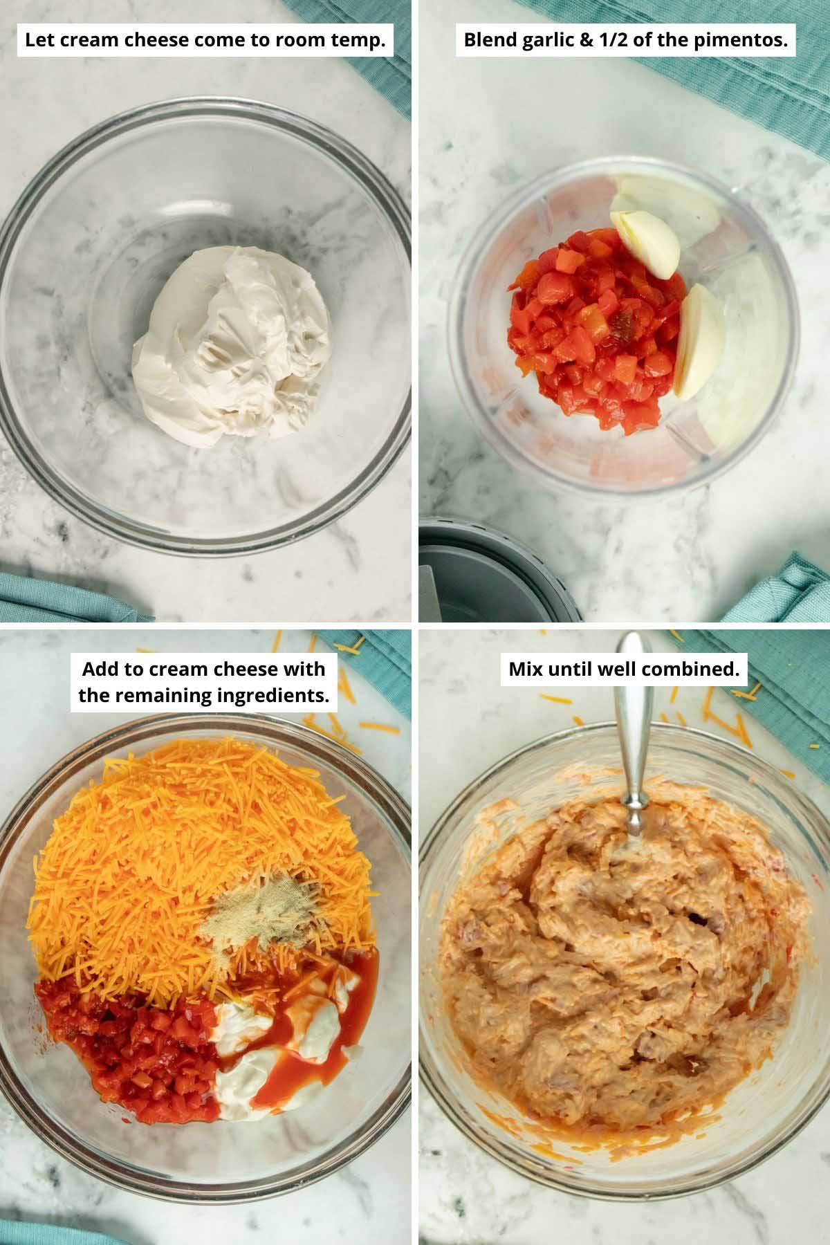 image collage showing a bowl of vegan cream cheese, pimentos and garlic in the blender, and the vegan pimento cheese ingredients in the bowl before and after mixing them together