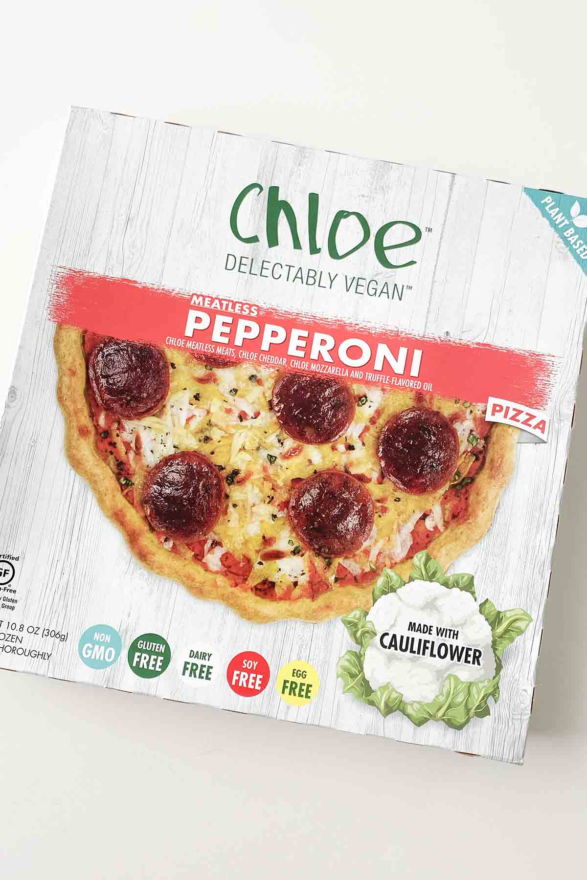 Chloe Delectably Vegan Pizza box on a white table, pepperoni variety