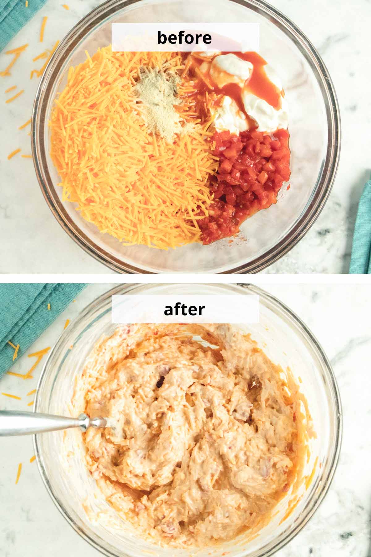 pimento cheese ingredients, before and after mixing
