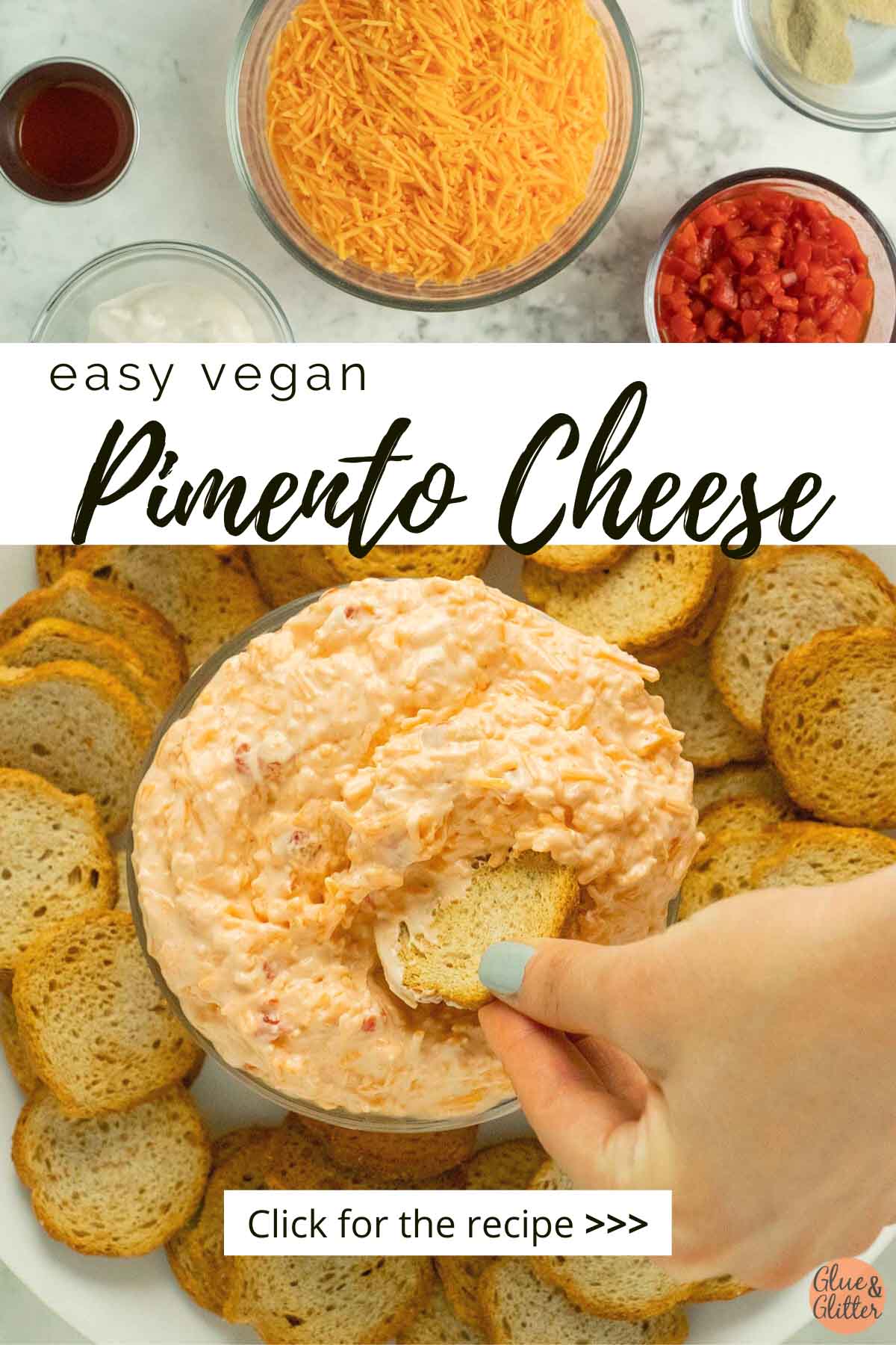 hand dipping a cracker into a serving bowl of vegan pimento cheese