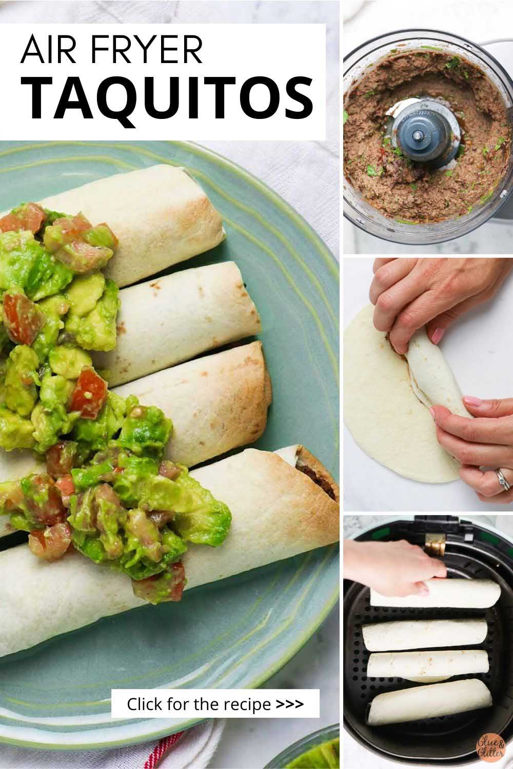 image collage showing blue plate of air fryer taquitos topped with avocado salad, the filling, and rolling and placing the taquitos into the air fryer basket