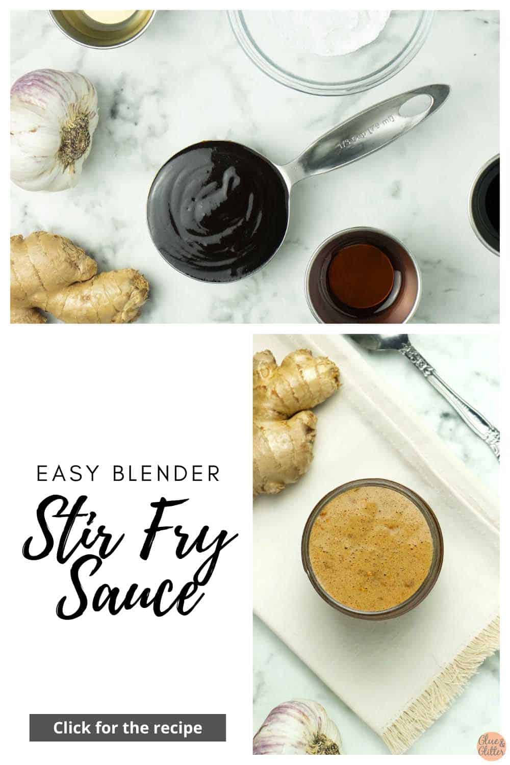 image collage showing vegan stir fry sauce ingredients and after blending. Text reads: "Easy Blender Stir Fry Sauce"