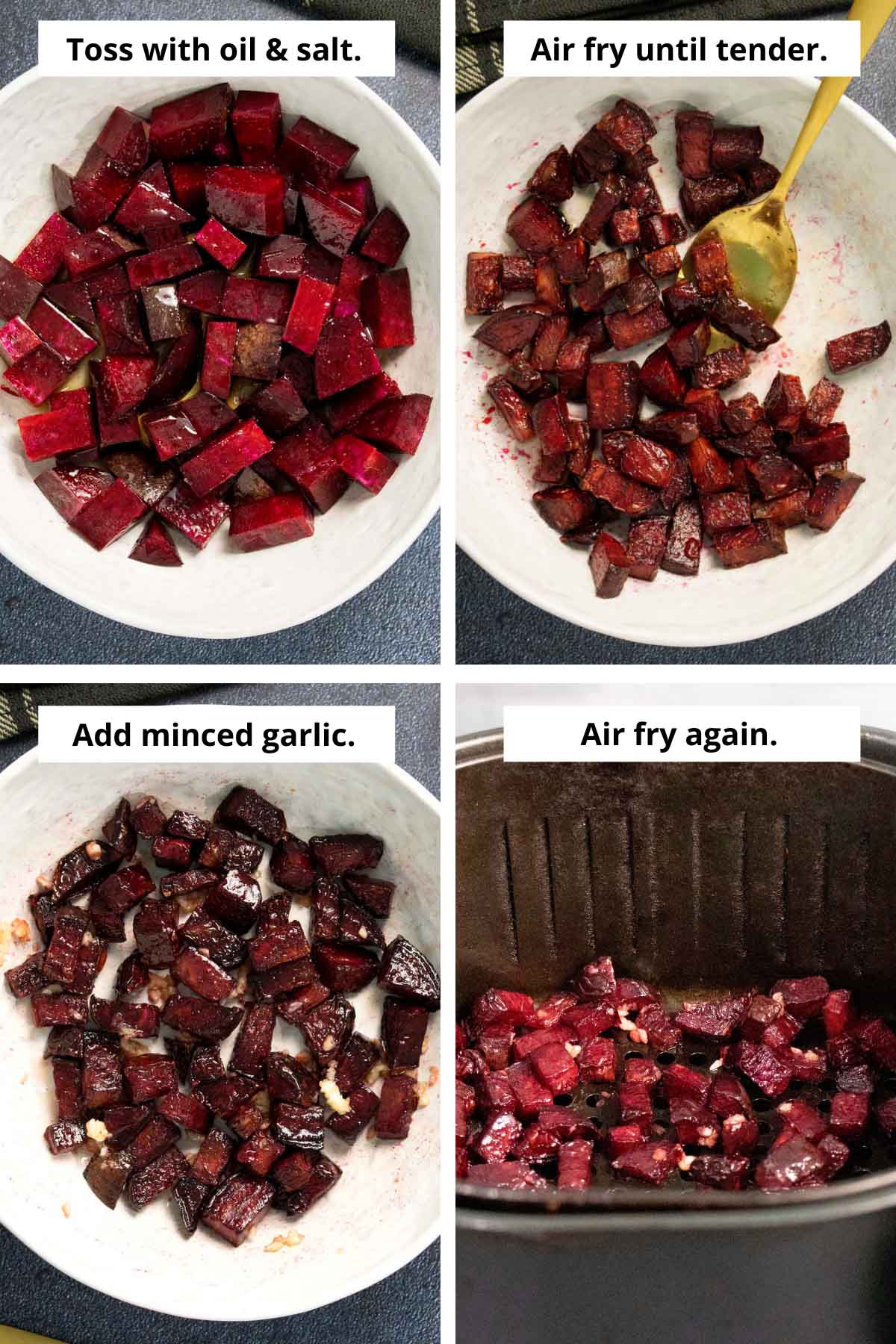 collage showing diced beets tossed with oil and salt, beets after air frying and then tossed with garlic, and the finished beets in the air fryer basket