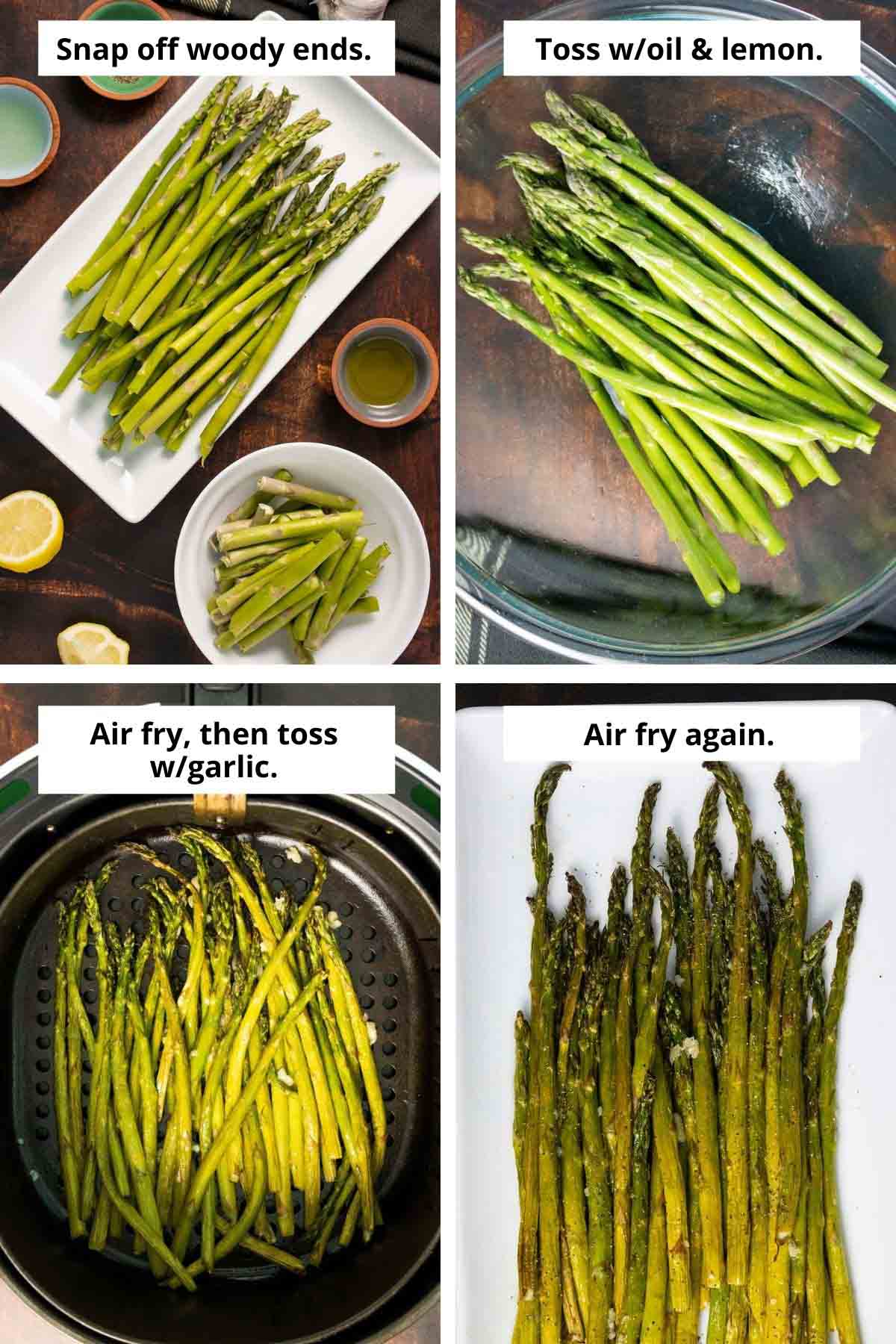 collage showing asparagus with ends snapped off, tossed with lemon and oil in a bowl, asparagus in air fryer basket and then cooked on a plate