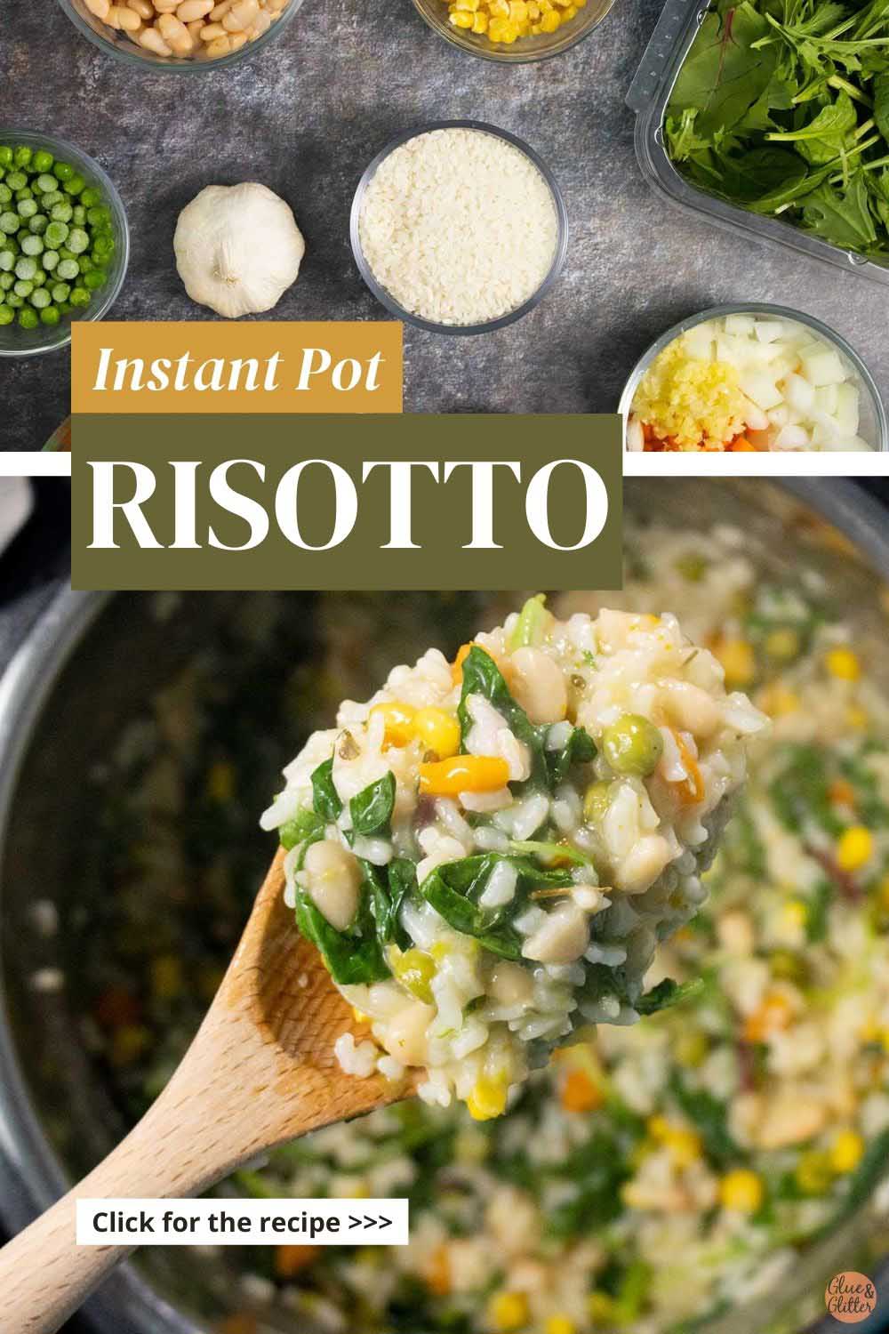 wooden spoon full of risotto over an Instant Pot, text overlay