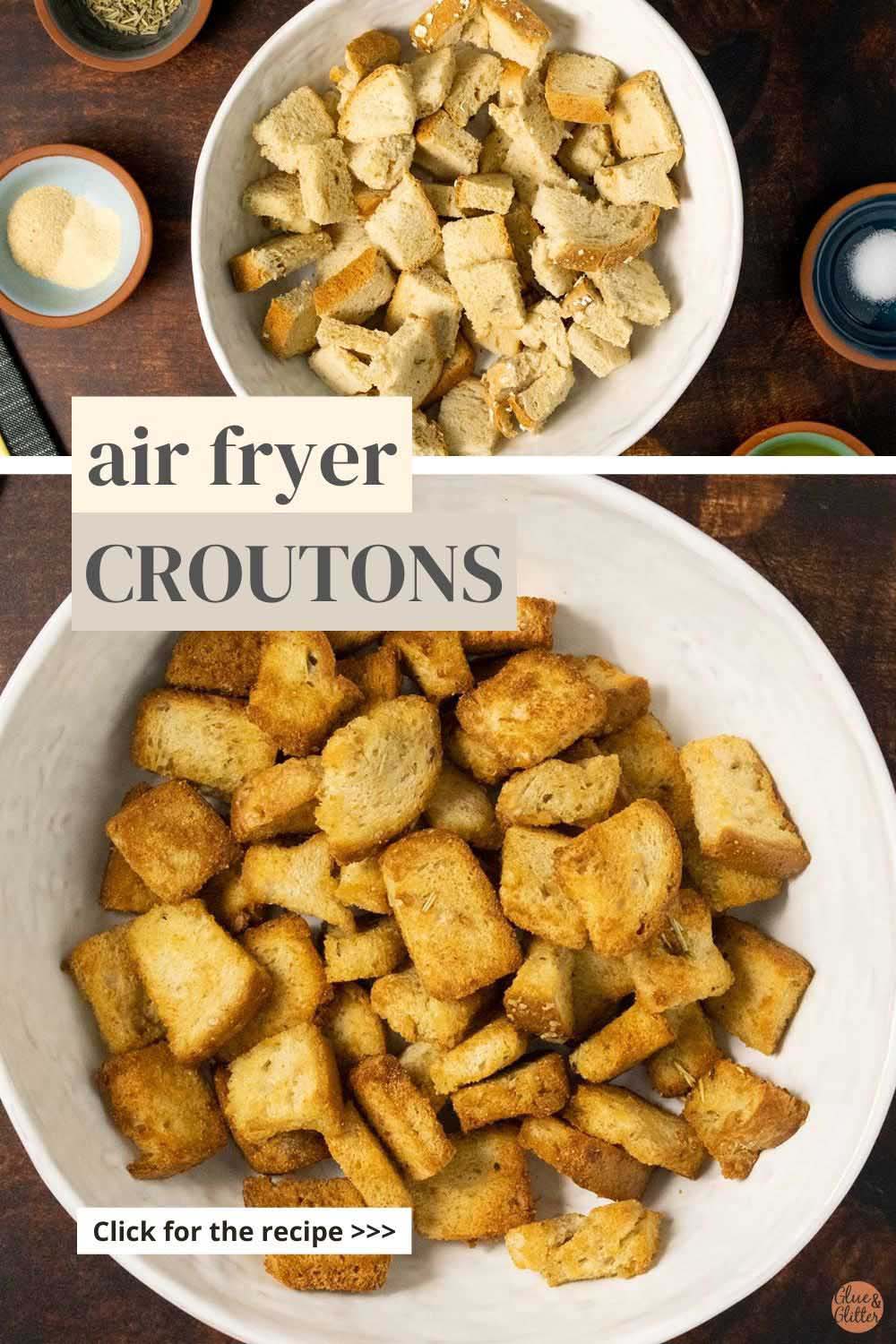 image collage of crouton ingredients and after cooking