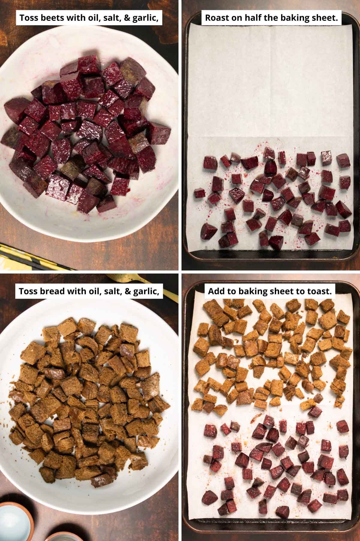 image collage showing roasting the beets on half the pan and adding the crouton pieces to the other half to toast