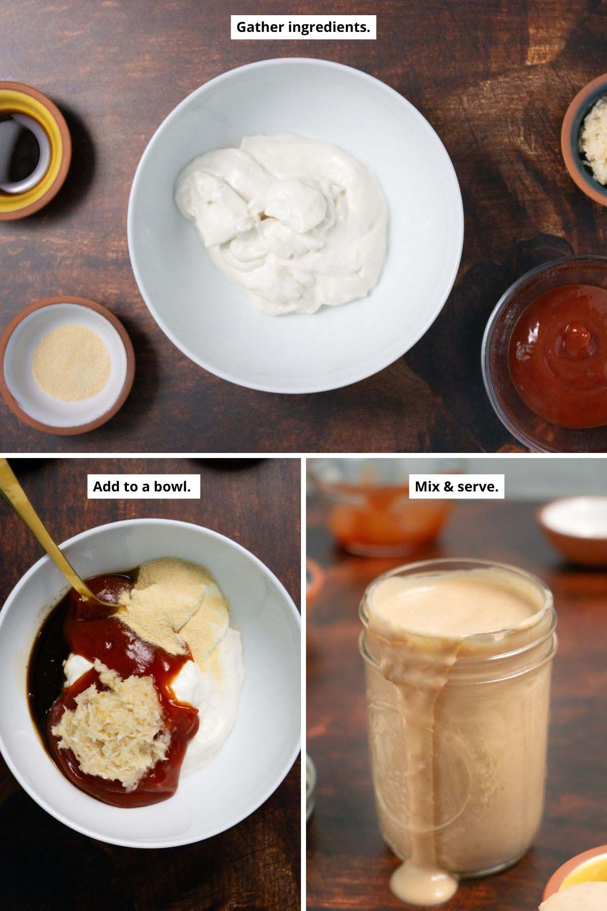 image collage showing dressing ingredients separately and in the mixing bowl and the mixed together Russian dressing in a mason jar