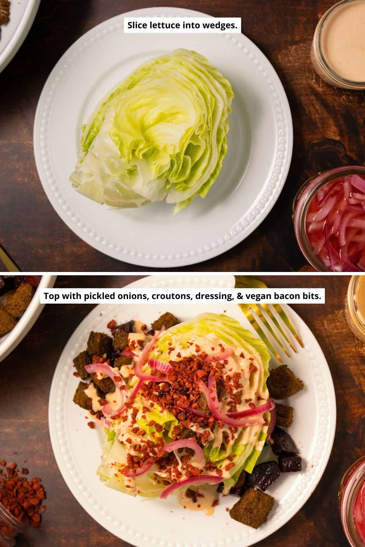 image collage showing the lettuce wedge before topping and after adding all of the vegan wedge salad toppings to it