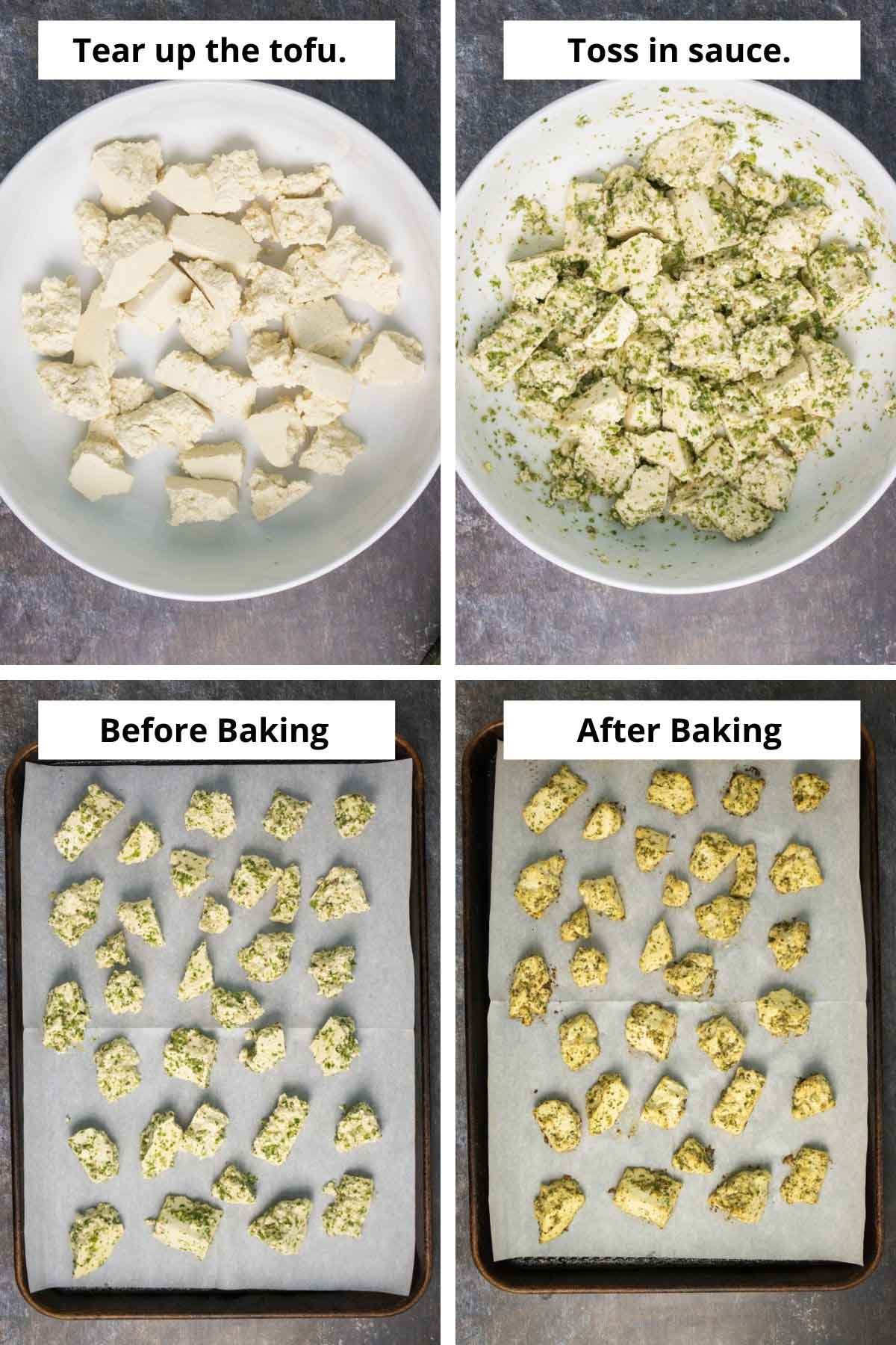 image collage showing the tofu pieces before and after adding sauce and before and after baking