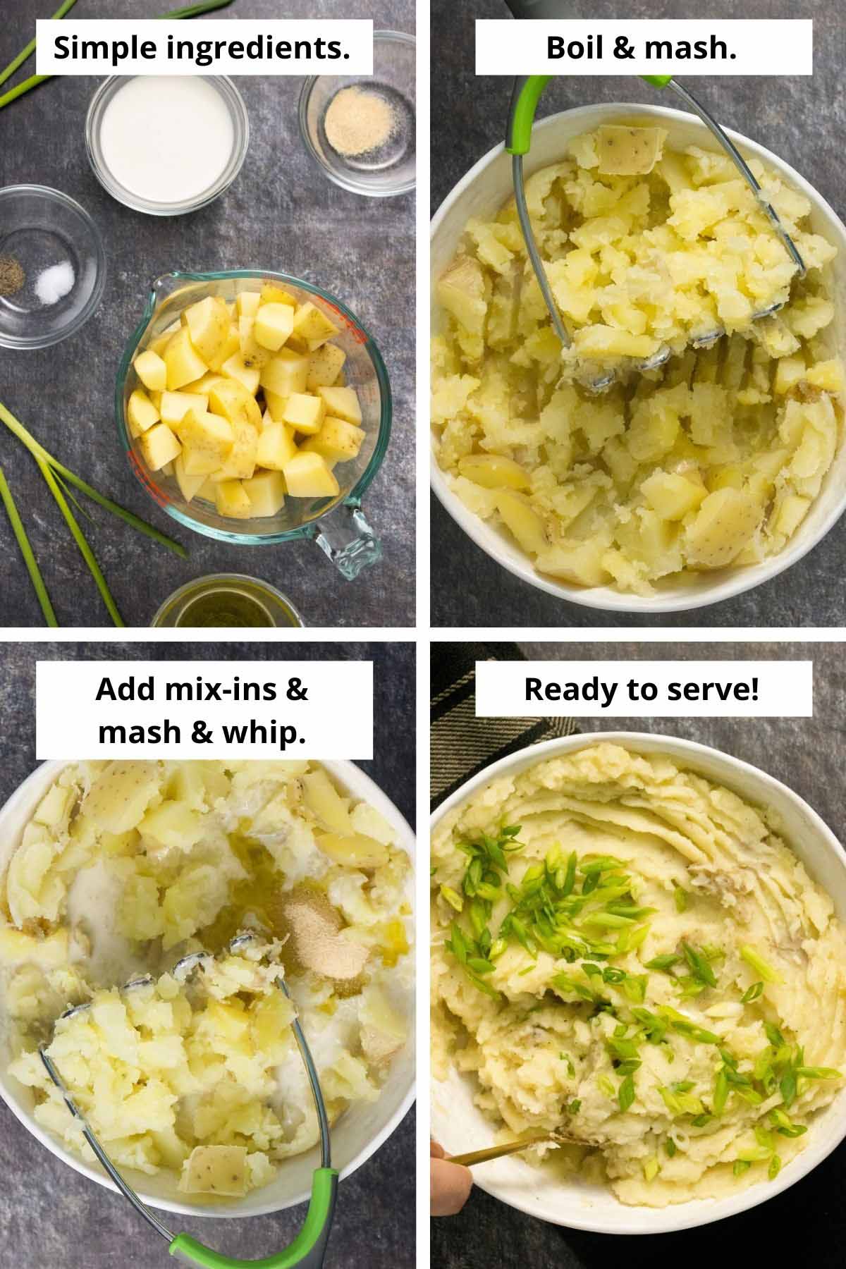 image collage showing diced potatoes, the start of mashing, adding the mix-ins, and the finished olive oil mashed potatoes