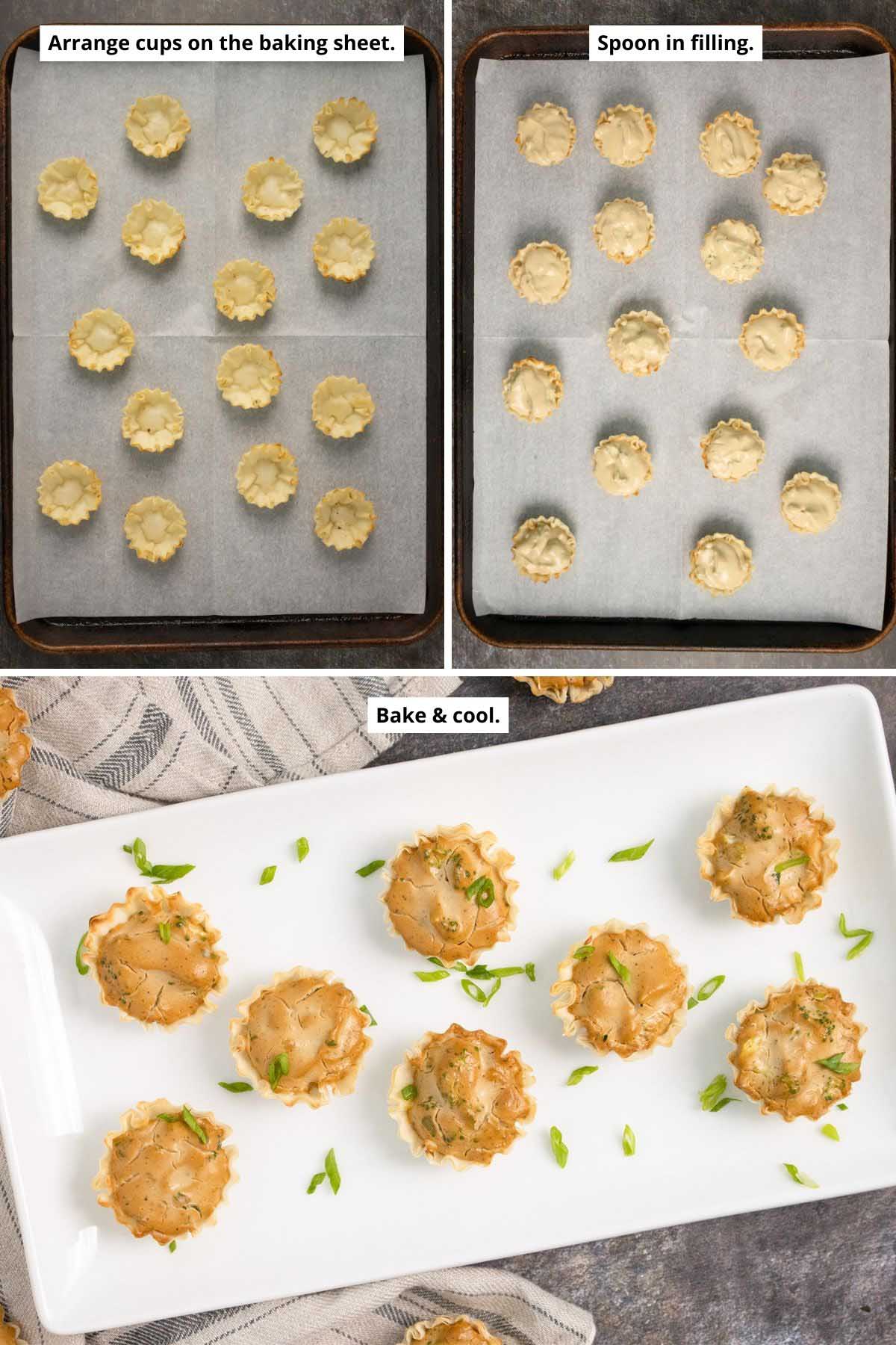 image collage showing the phyllo cups on the baking pan before and after filling and the vegan mini quiche on a plate after baking