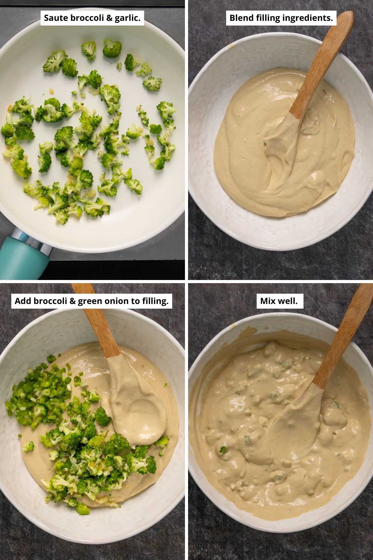 image collage showing the cooked broccoli, the blended quiche filling, and the broccoli added to the filling before and after mixing