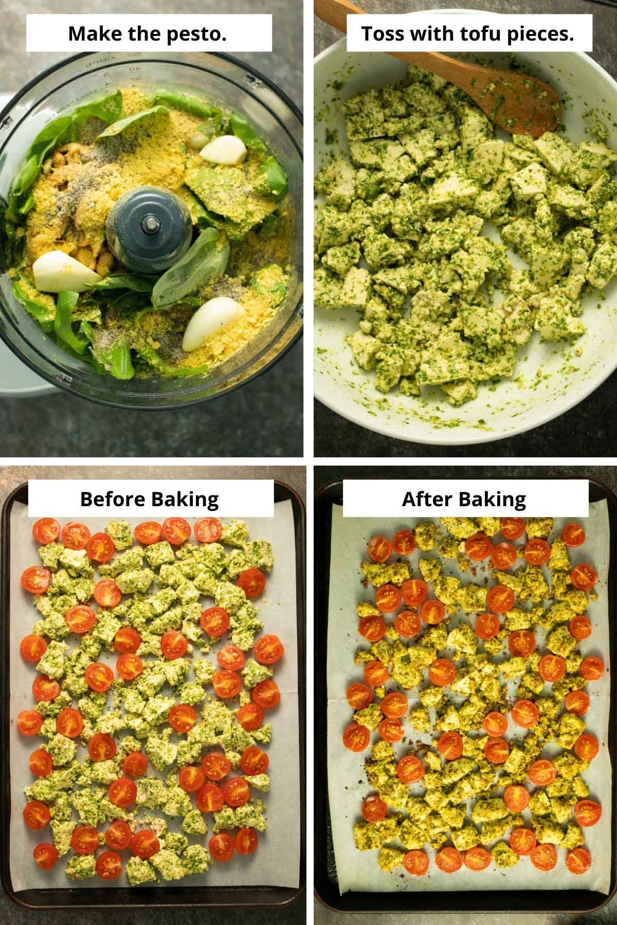 image collage showing pesto ingredients in the blender, then pesto tossed with the torn tofu pieces, and the tofu on the baking sheet with tomato halves, before and after baking