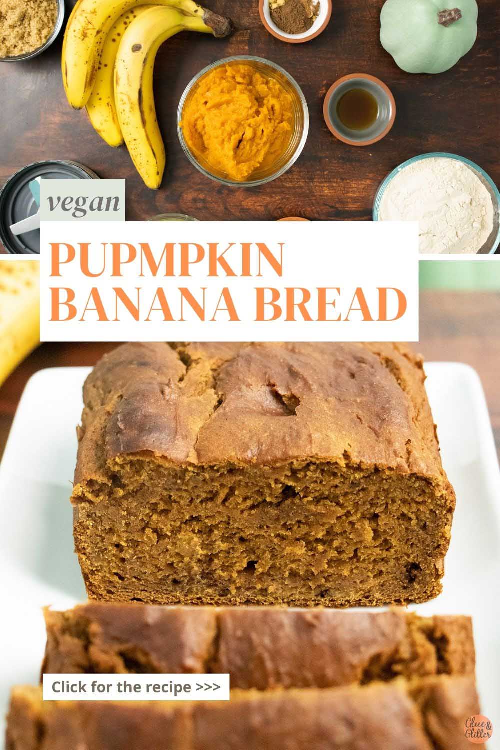 image collage showing pumpkin puree and bananas with spices and flour and a picture of the baked pumpkin bandanna bread