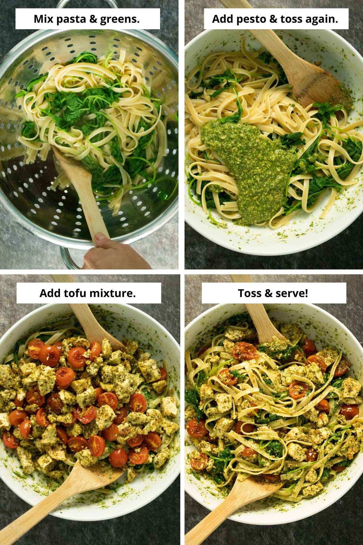 image collage showing pasta and greens in a colander, then in a white mixing bowl with pesto, then with tofu and tomatoes added, then all mixed together
