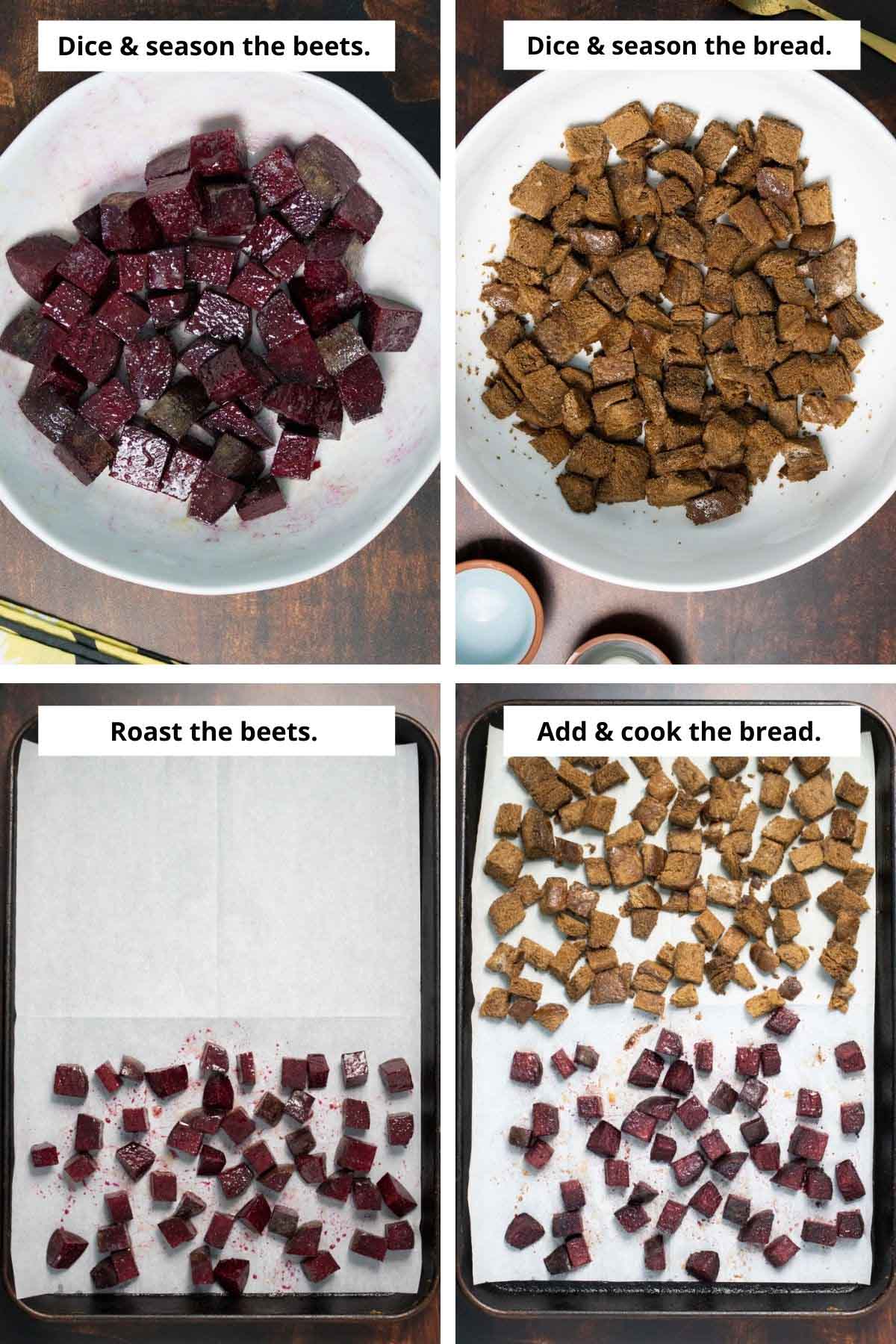 image collage of diced beets, diced dark rye bread, and the beets and bread on the roasting pan