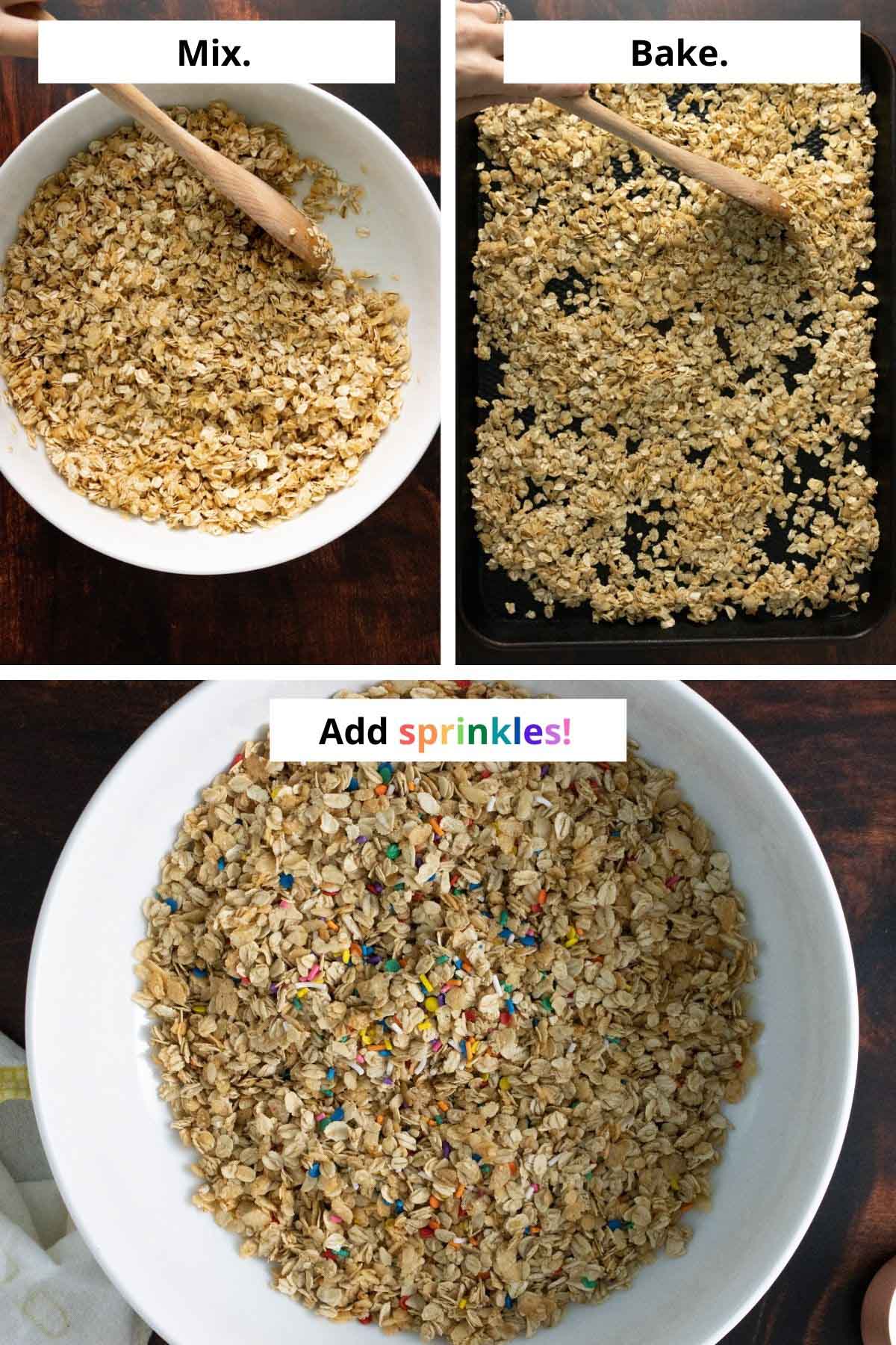 image collage showing the uncooked granola in a bowl, stirring it on a baking sheet, and in the mixing bowl with sprinkles added