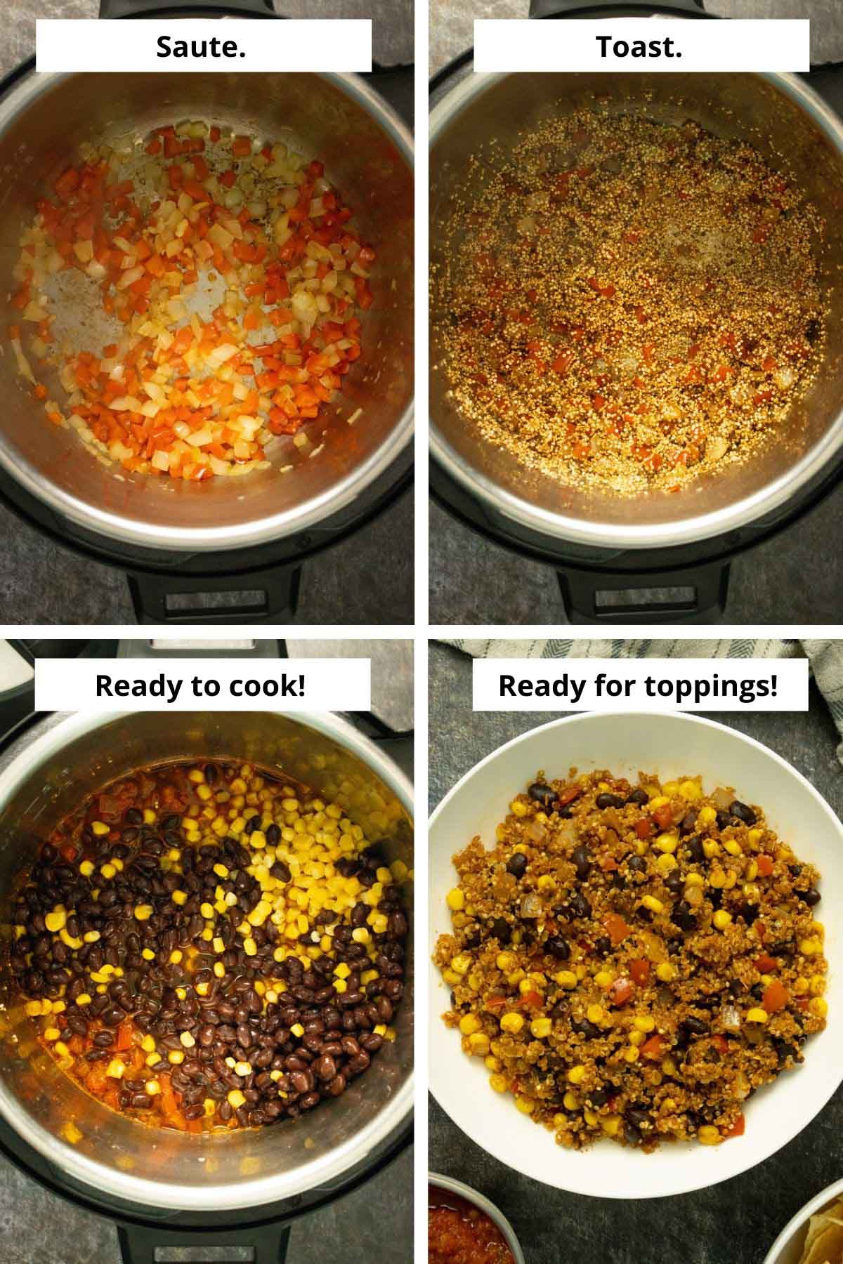 image collage showing the sautéed veggies, the toasted quinoa and spices, the rest of the ingredients in the Instant Pot, and the finished quinoa burrito bowl before adding topping