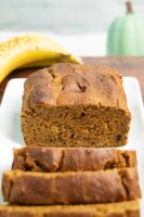 close-up of sliced vegan pumpkin banana bread on a white plate, so you can see the texture