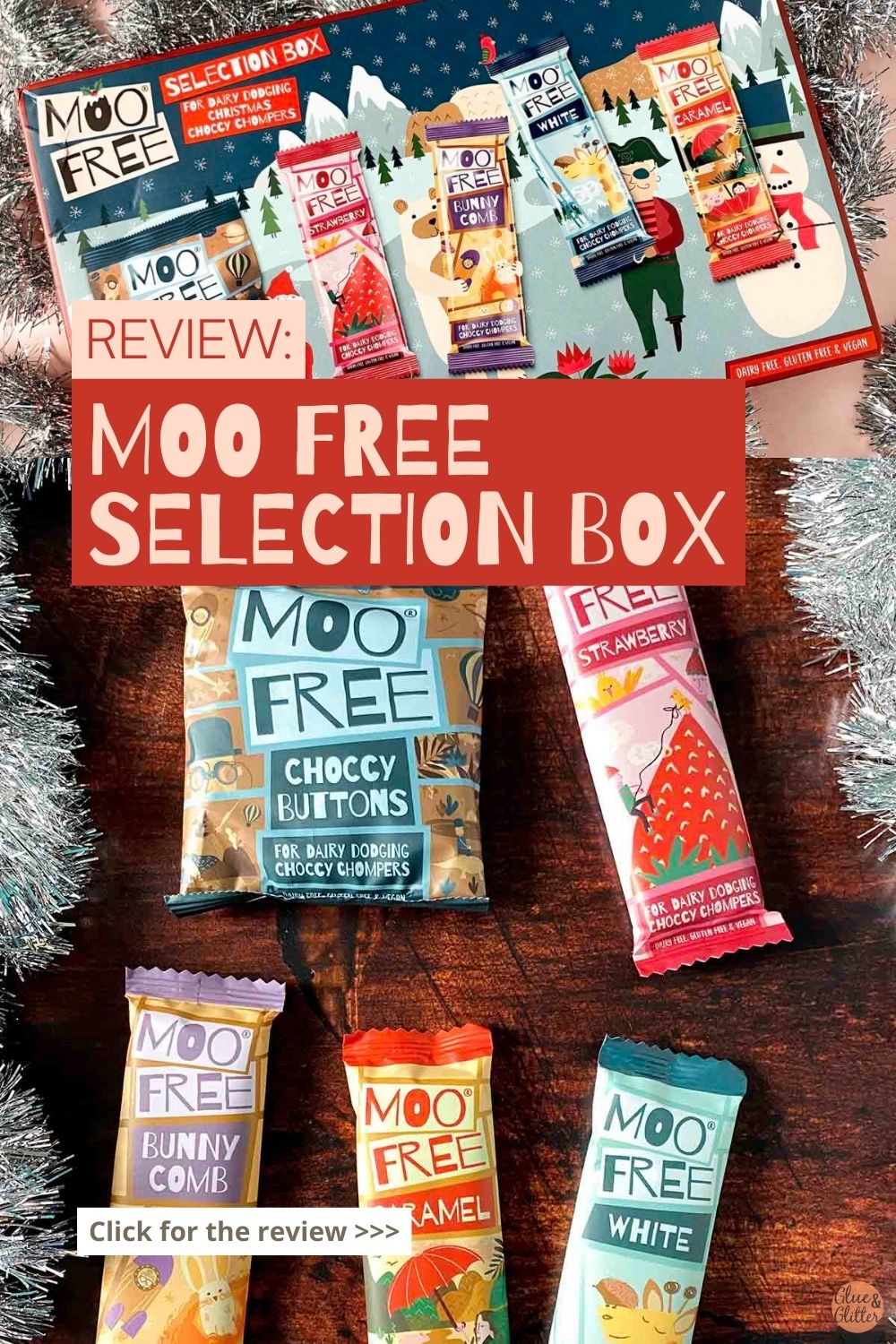 image collage of a Moo Free Selection Box on a table and a picture of the bars individually laid out. Text overlay