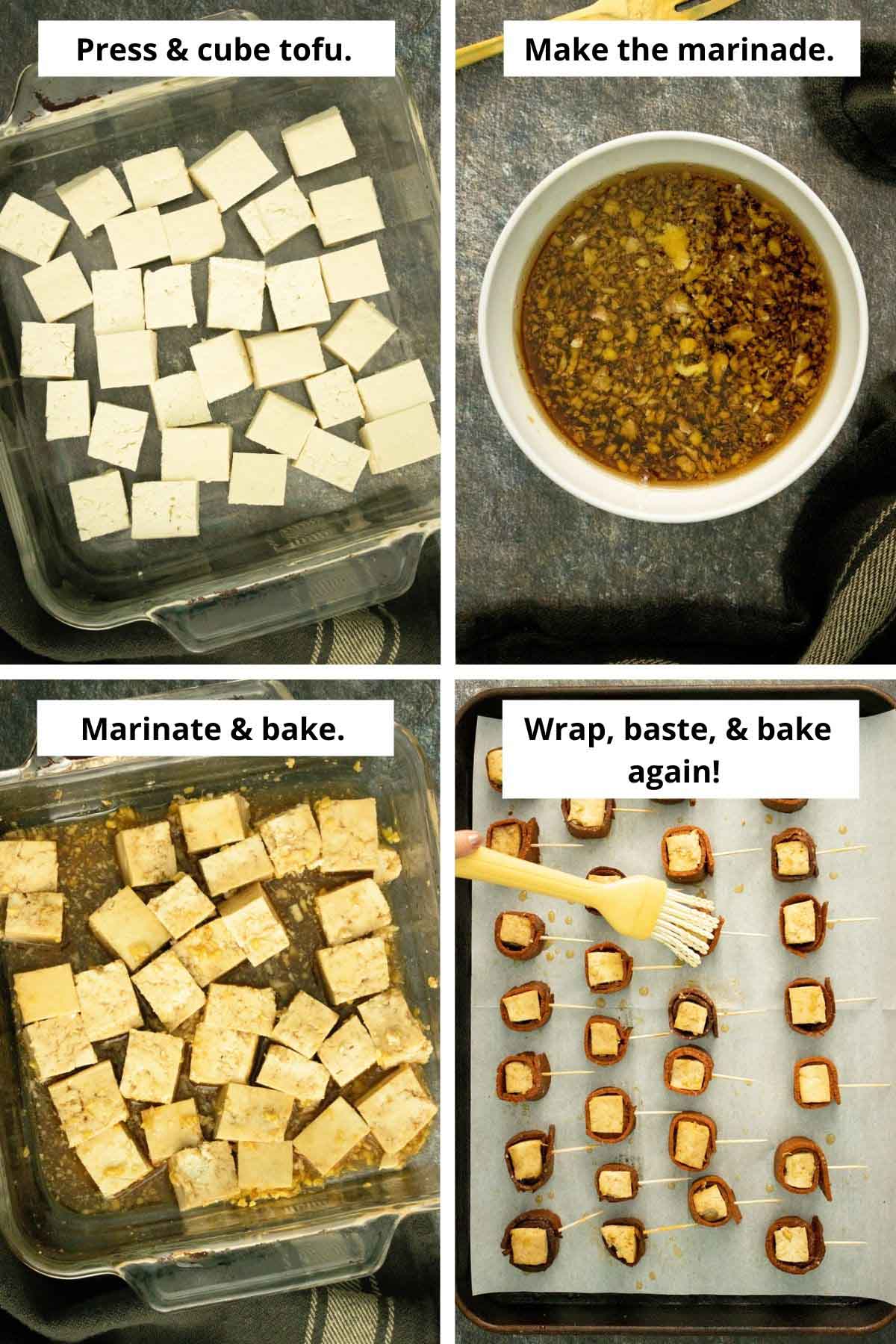 image collage showing tofu cubes, marinade, tofu marinating in the pan, and brushing marinade onto the tofu after wrapping with vegan bacon