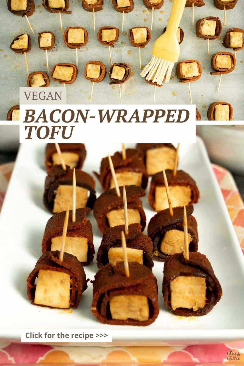 image collage showing bacon wrapped tofu before baking and being served on a white platter as part of a party spread