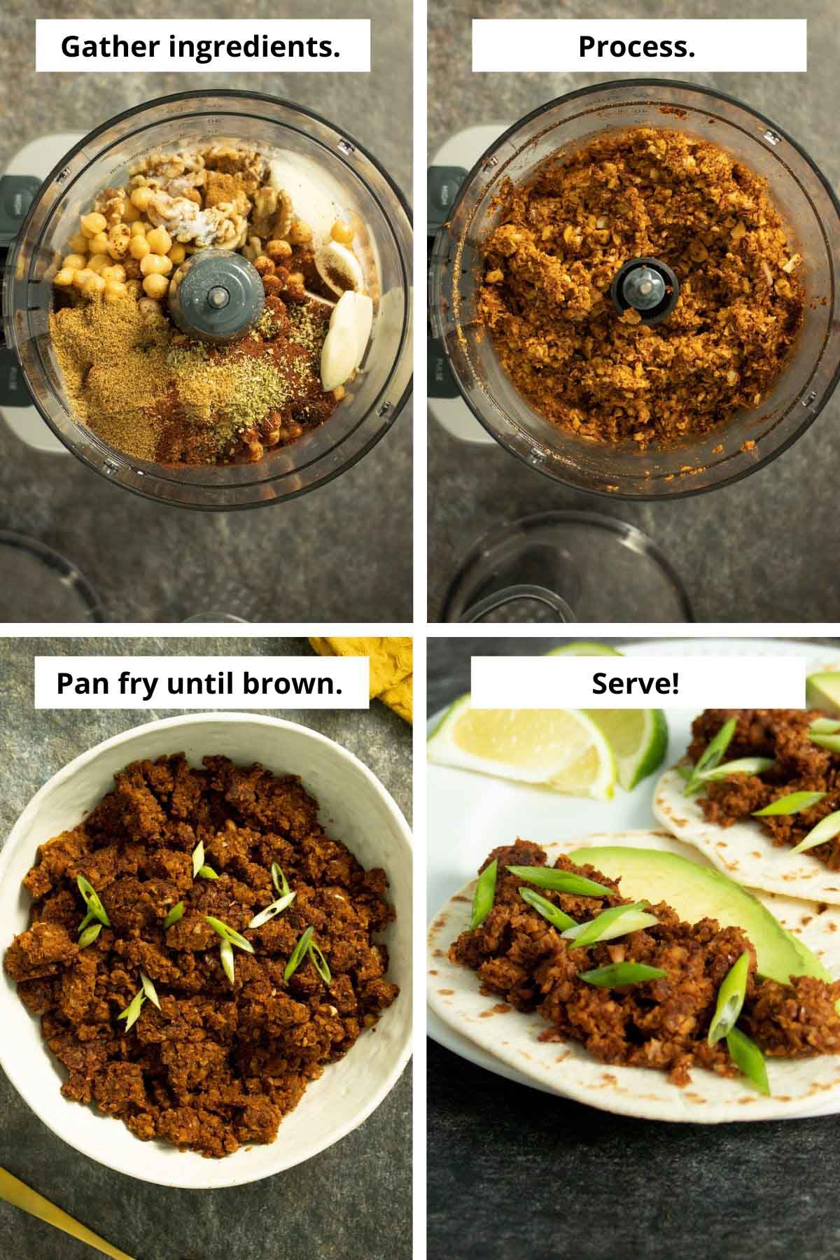image collage showing the ingredients in the food processor before and after processing, the browned chorizo in a bowl, and served in tacos with avocado and green onions