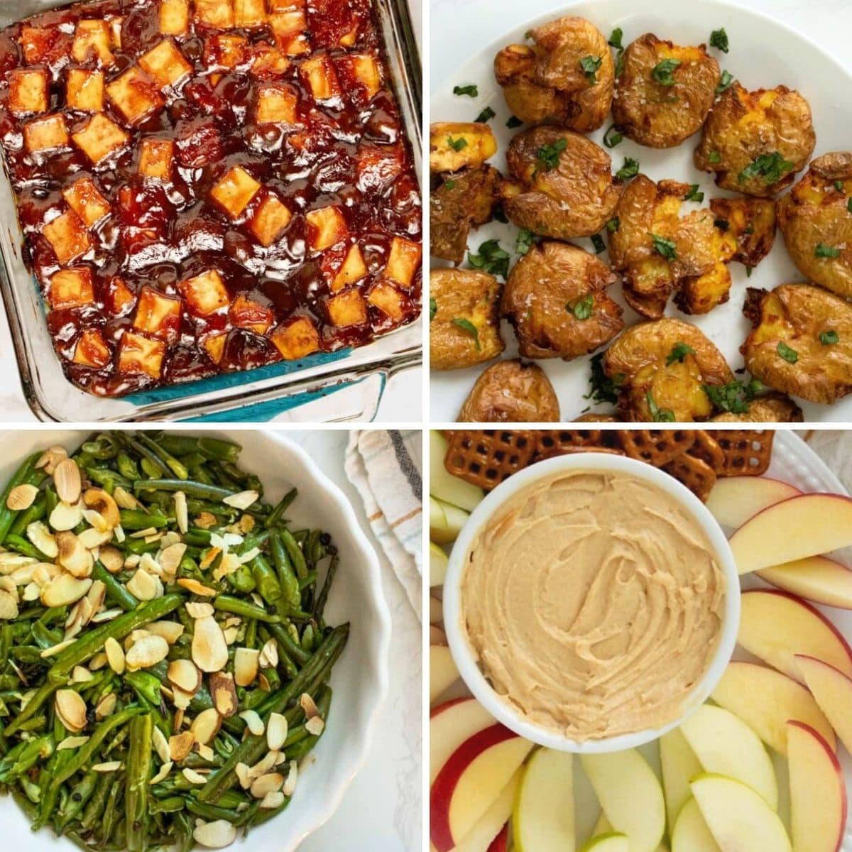 image collage showing some of the simple ingredients with 5 ingredients or less: BBQ tofu, smashed potatoes, green beans, PB dip
