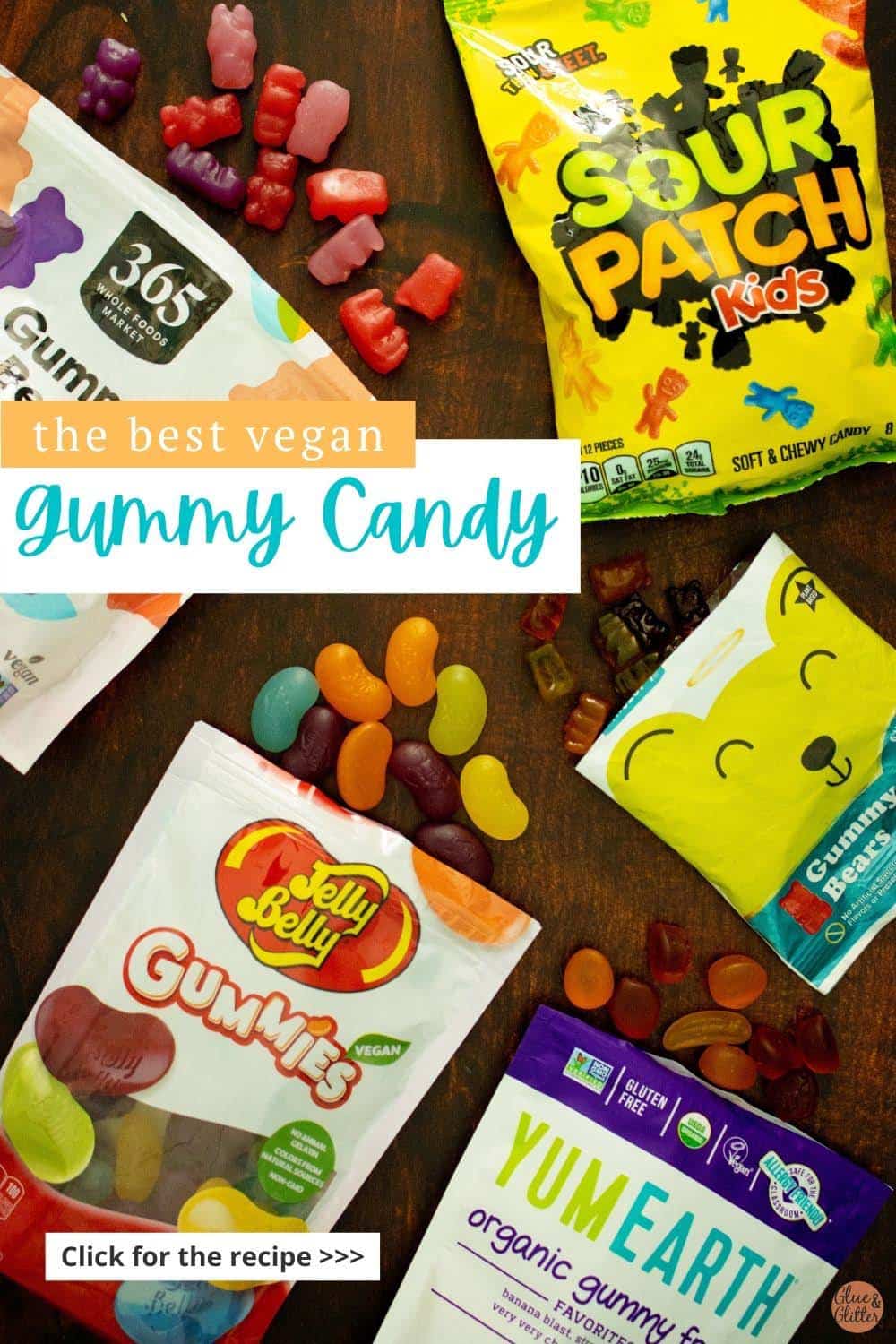 array of vegan gummy candies on a wooden table