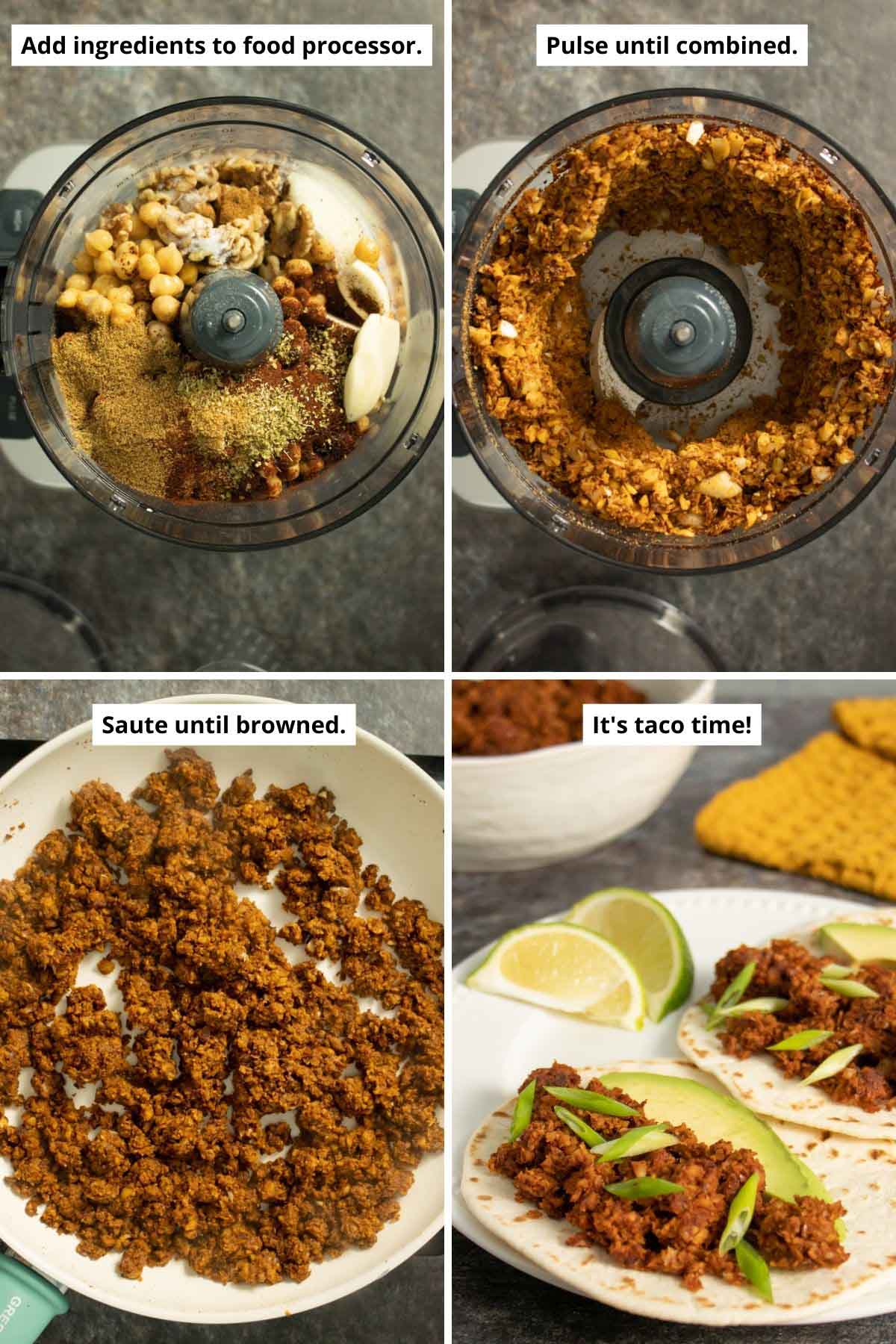 image collage showing chorizo ingredients in the food processor before and after blending, the chorizo browned in the pan and served in tacos