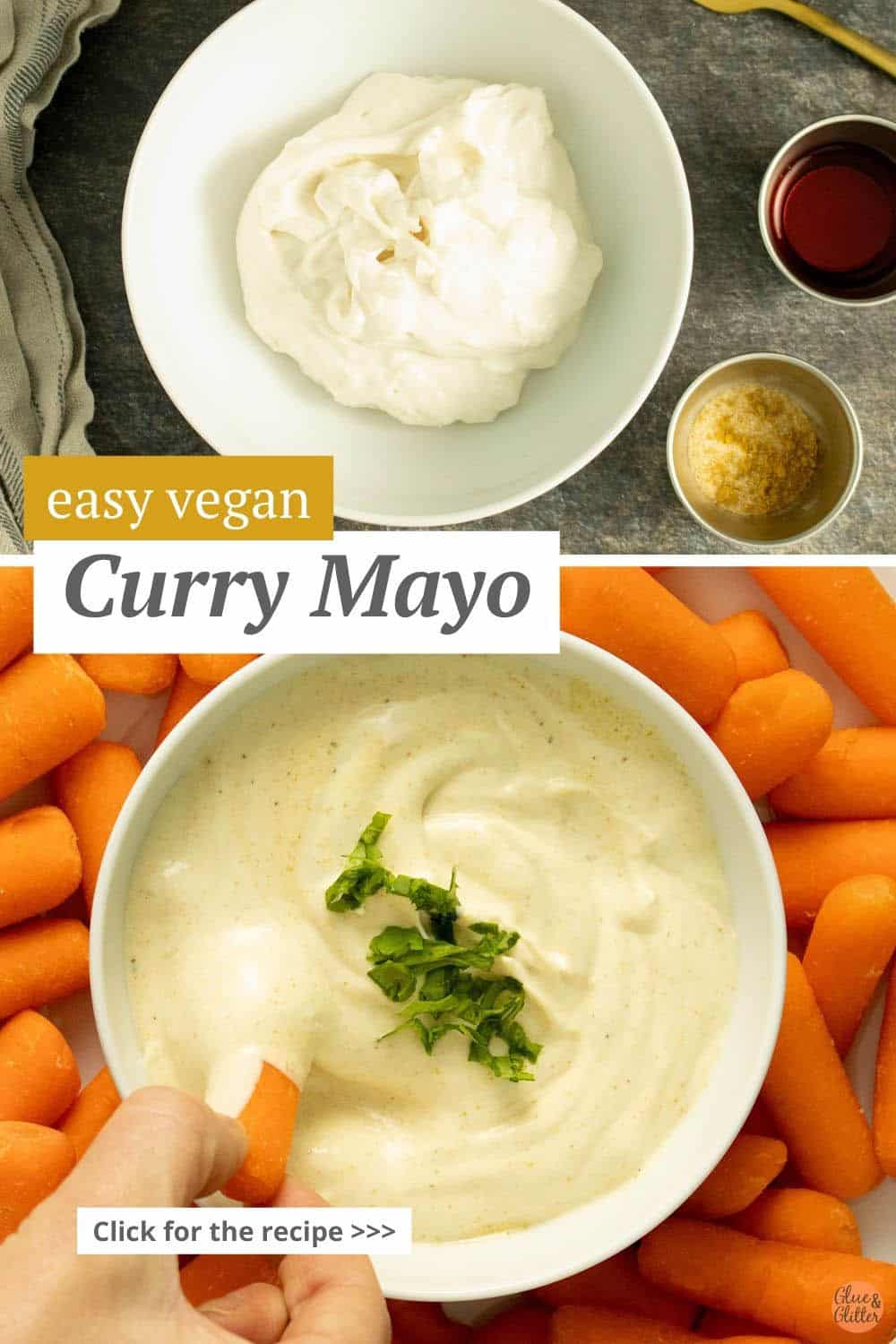 image collage showing curry mayo ingredients and it all mixed up with carrots for dipping