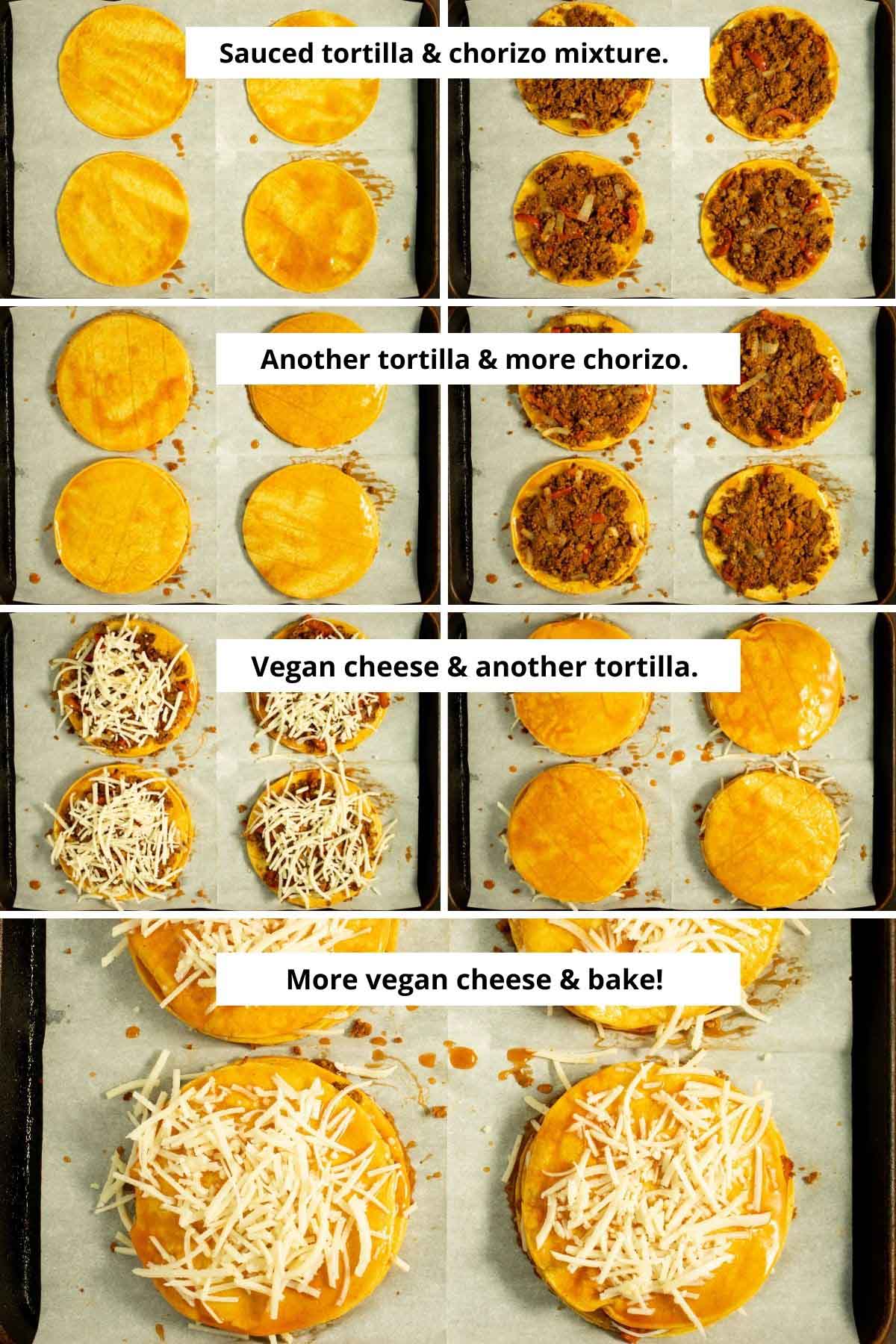 image collage showing each layer of the enchiladas