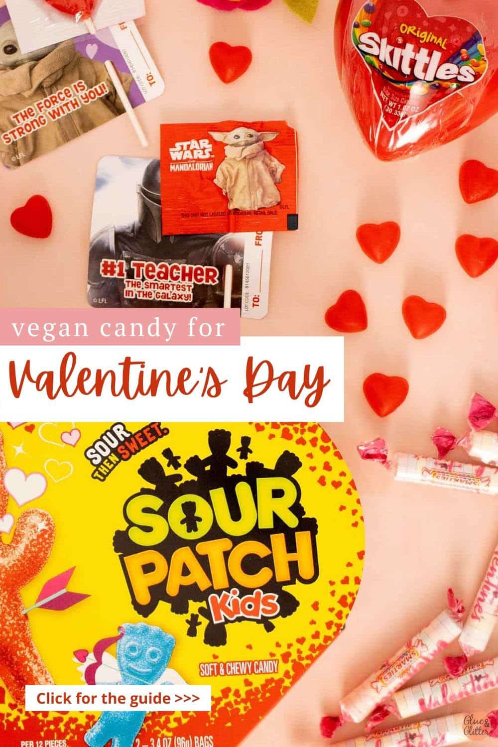 vegan Valentine's Day candy scattered on a table