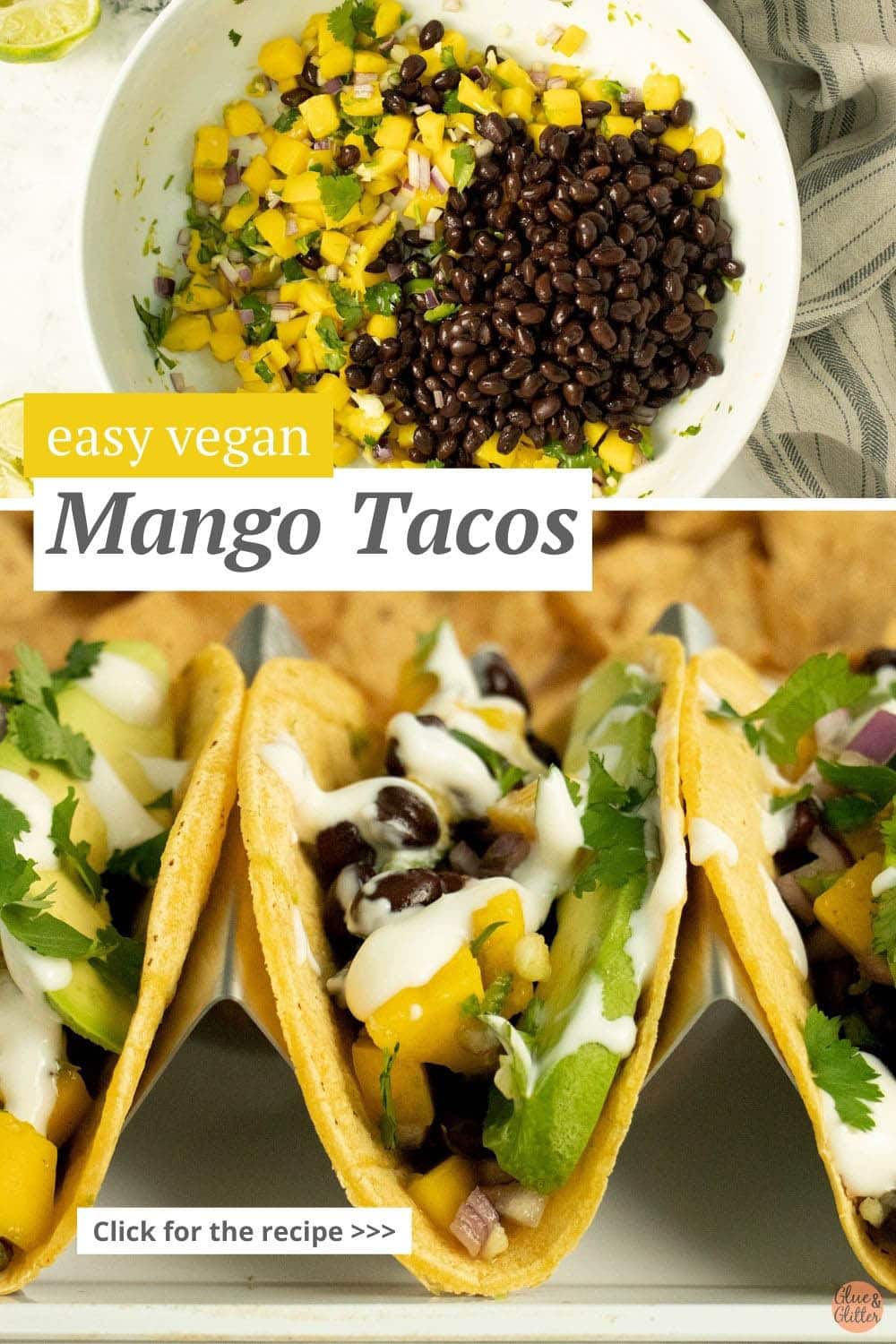 image collage showing the mango taco filling before mixing and in the assembled tacos