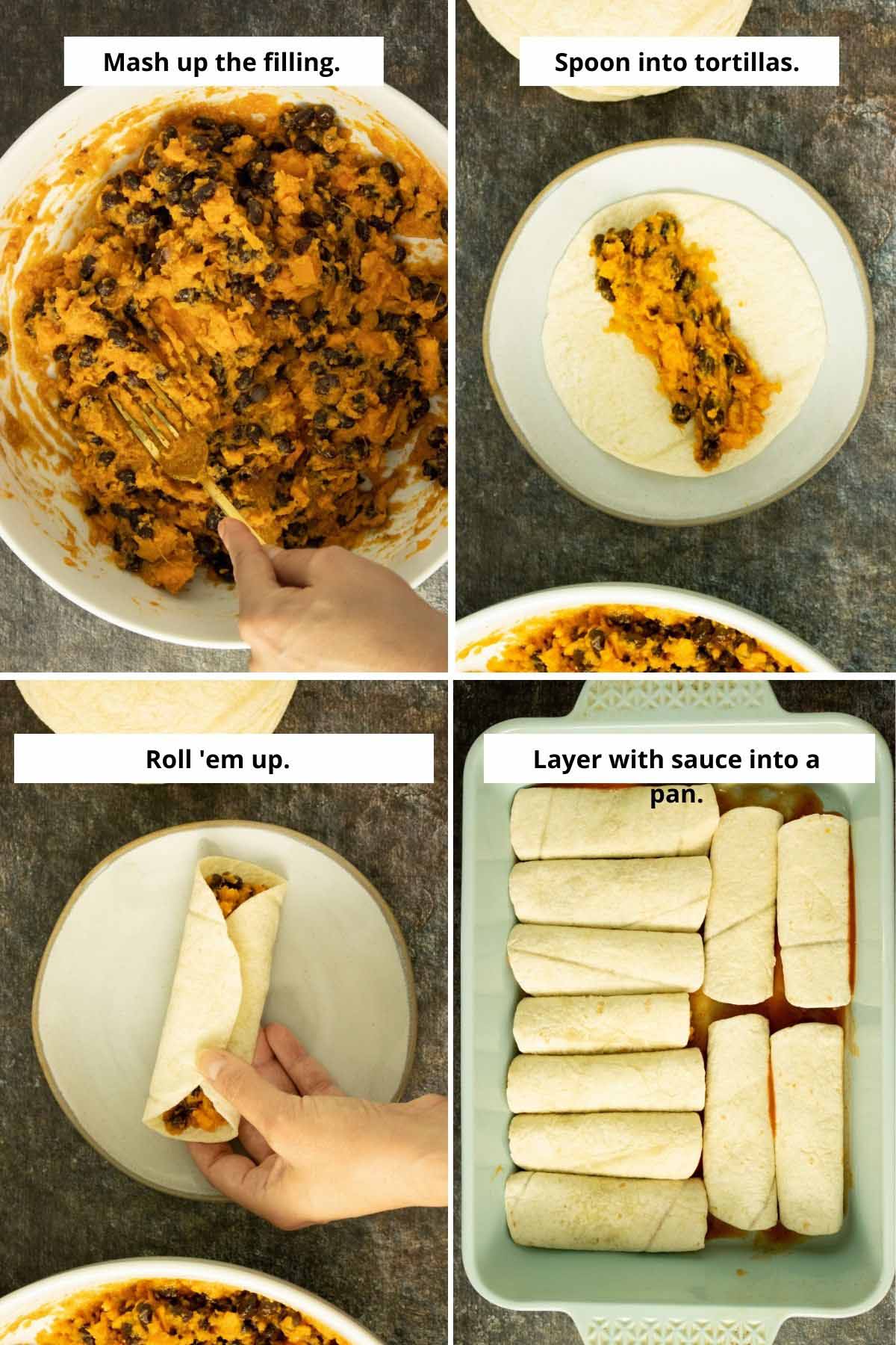 image collage showing how to roll the enchiladas and arrange them in the baking pan