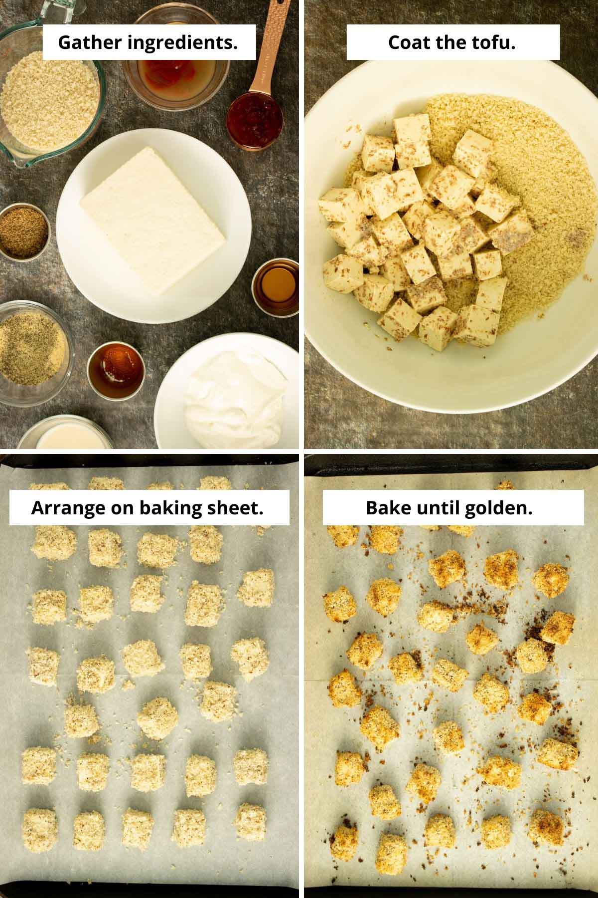 image collage showing ingredients, coating the tofu, and the tofu before and after baking