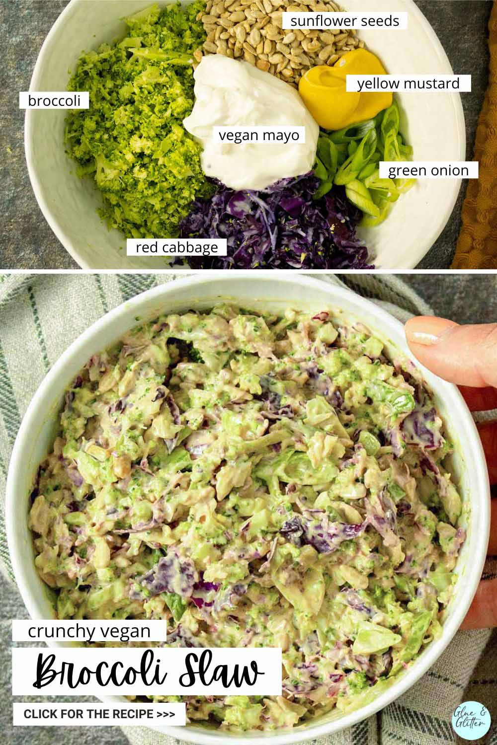 image collage showing broccoli slaw ingredients in the bowl before and after mixing, ingredients and recipe are labeled with text
