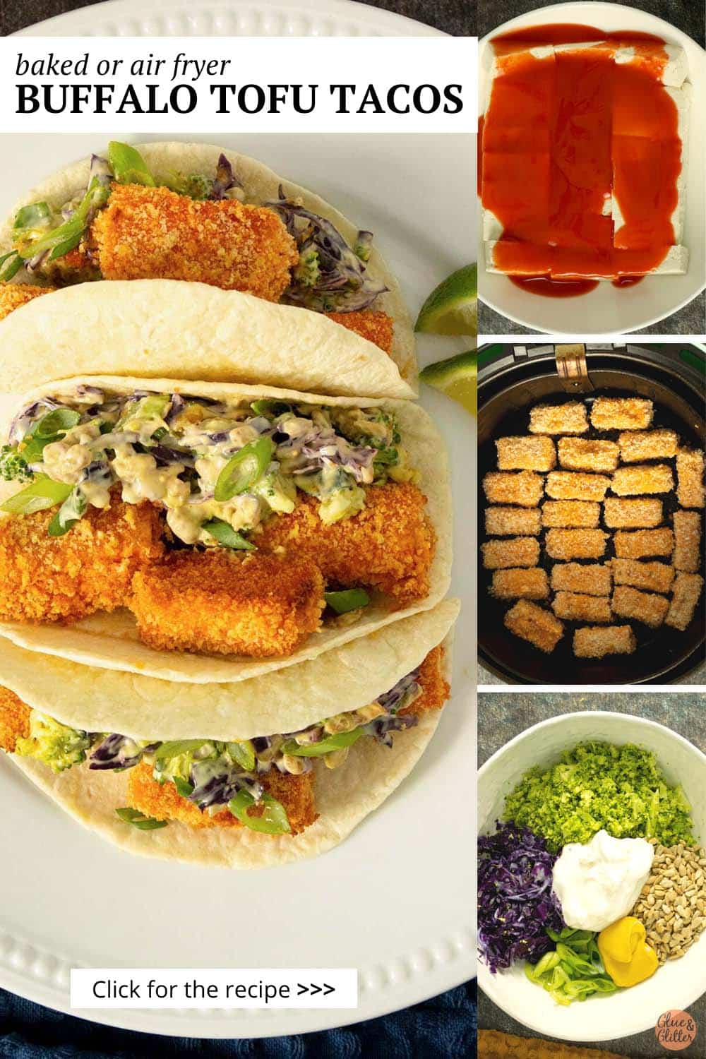 image collage of the tofu tacos with pictures of marinating and air frying the tofu and making the slaw