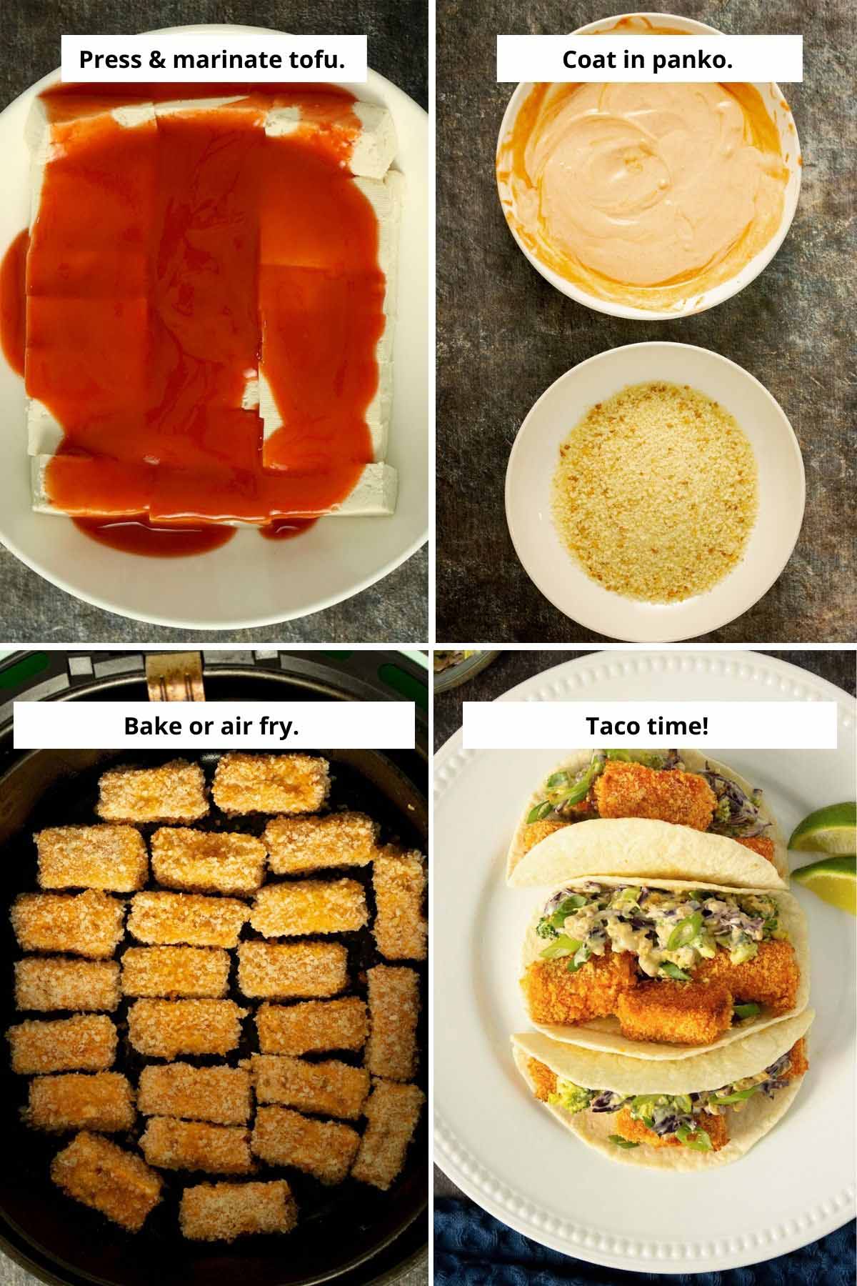 image collage showing marinating the tofu, the dredging bowls, the tofu in the air fryer, and cooked tofu in the tacos