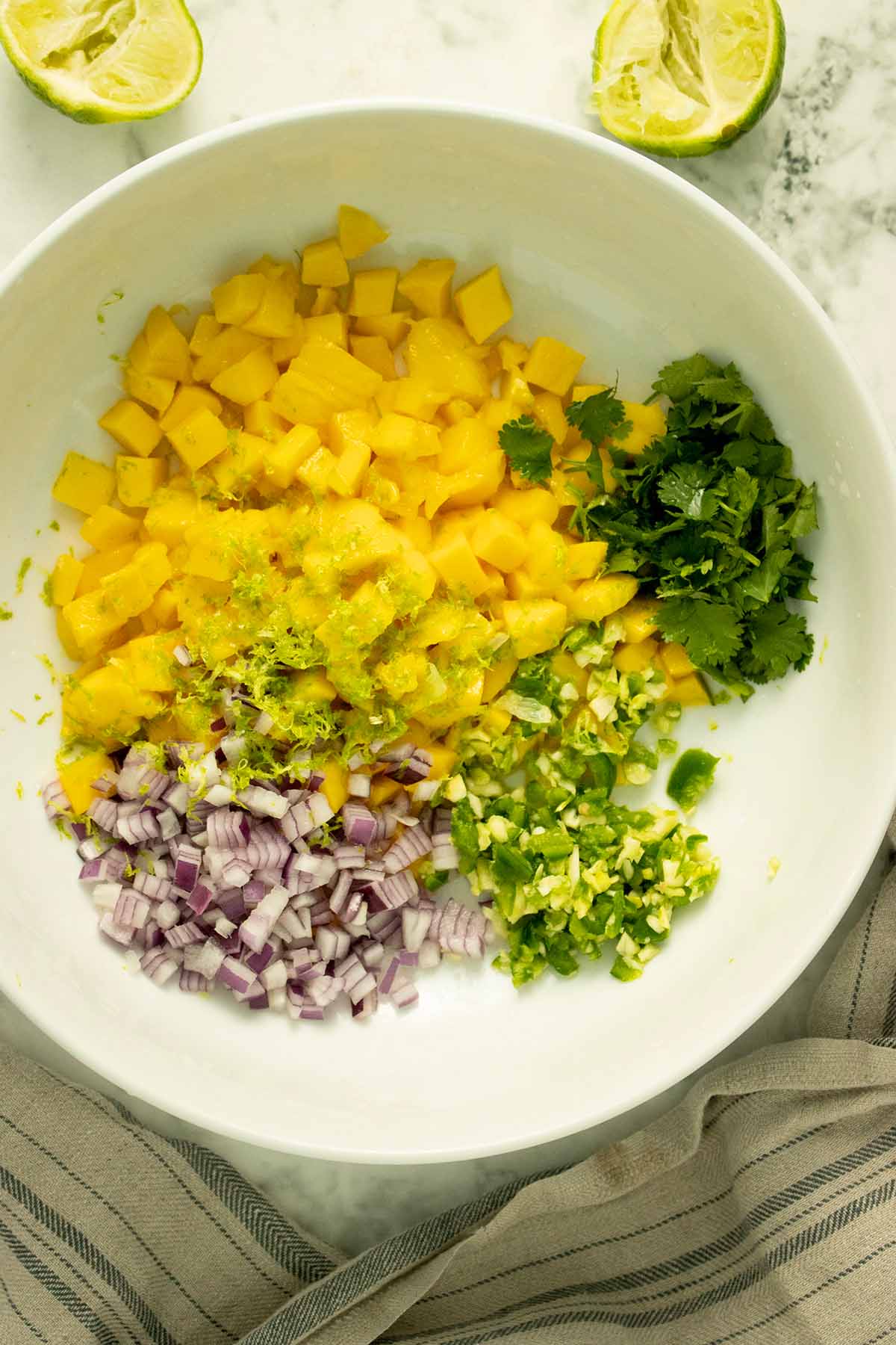 mango salsa ingredients in a large, white mixing bowl