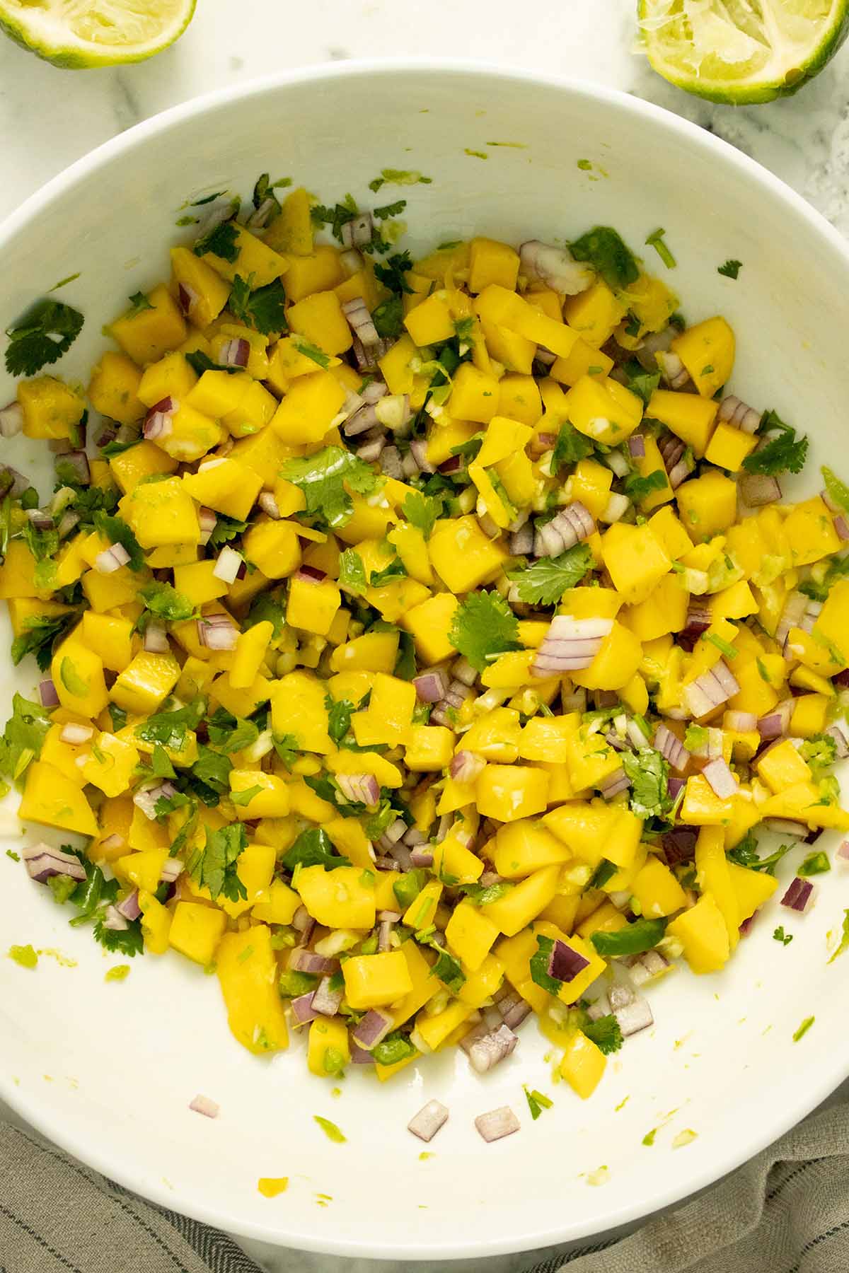 mango salsa, all mixed up in the mixing bowl