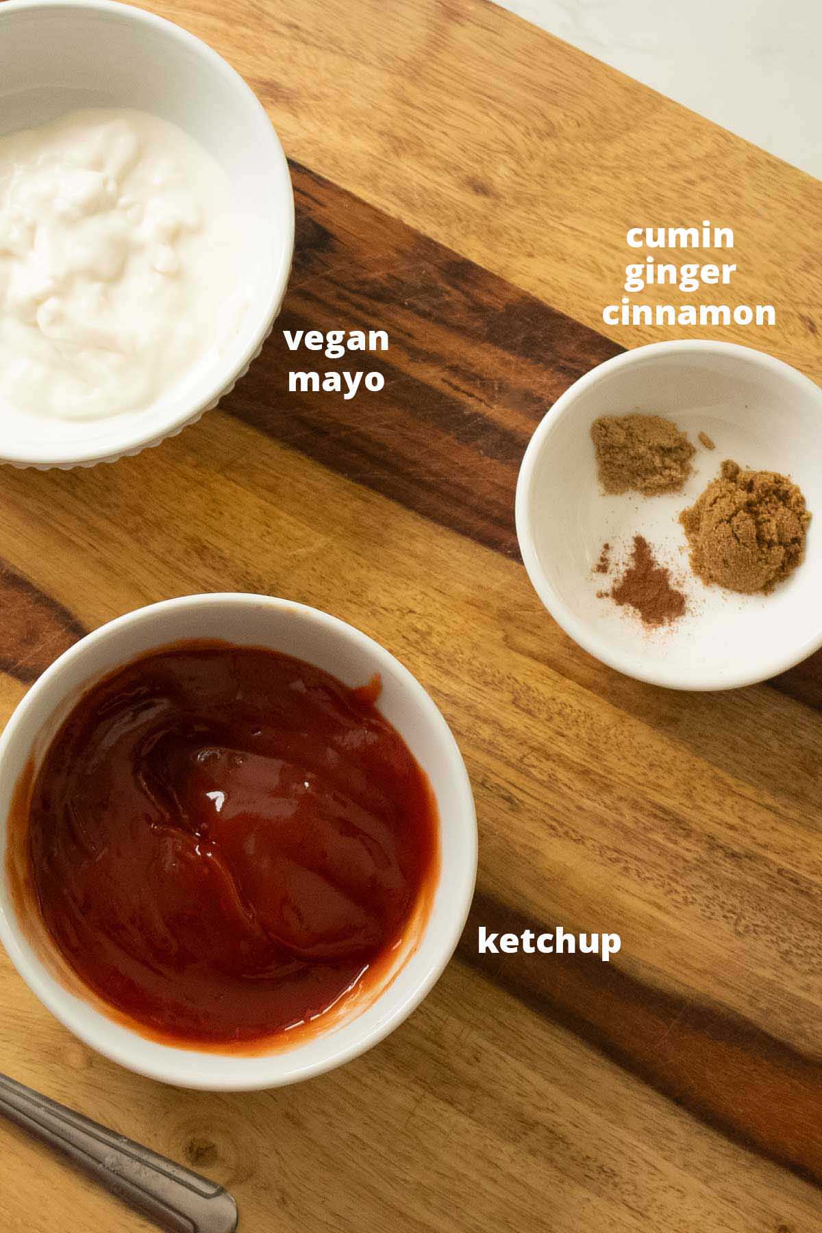 cumin ketchup ingredients on the cutting board, text labels