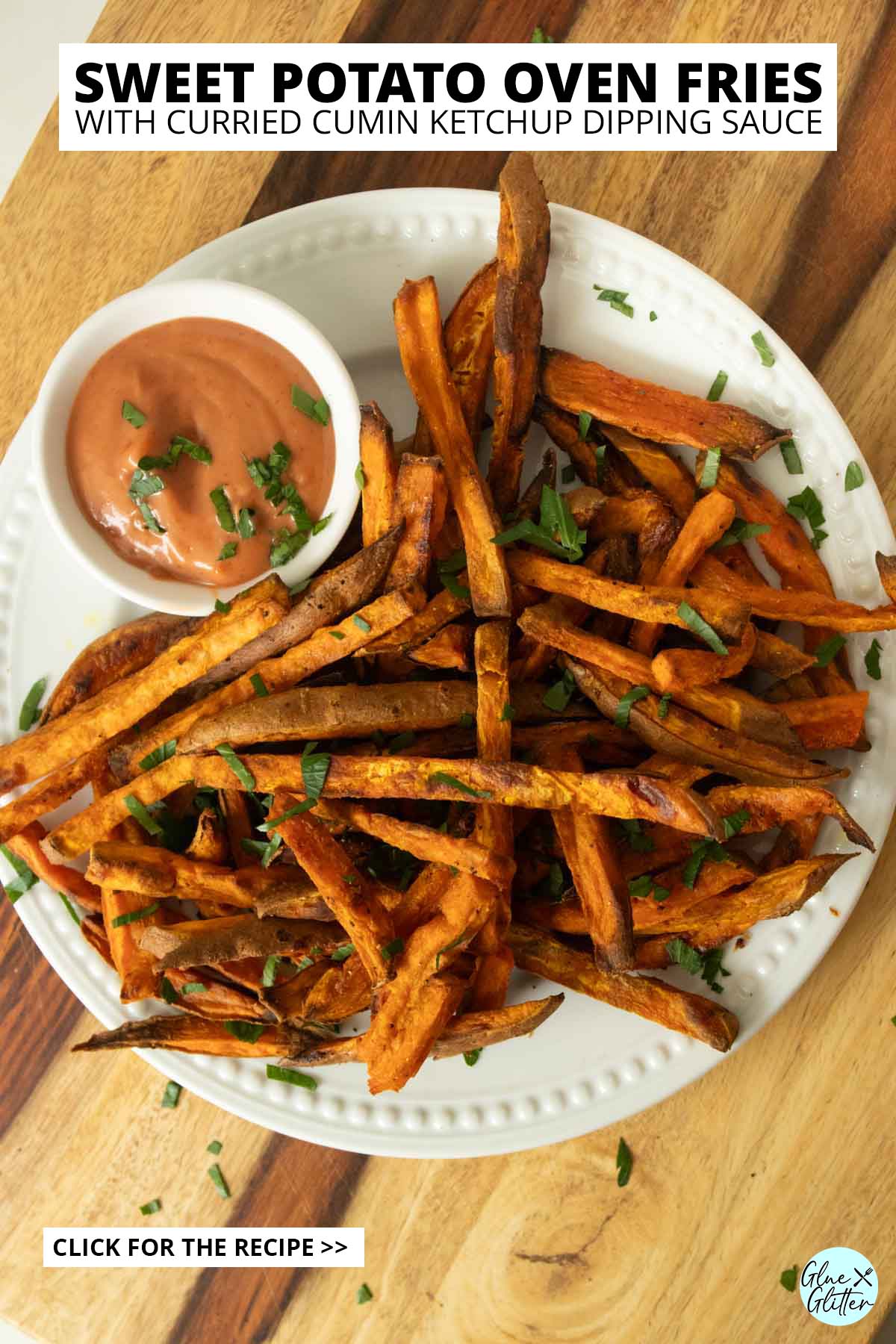 plate of curried sweet potato fries with the dipping sauce, text overlay