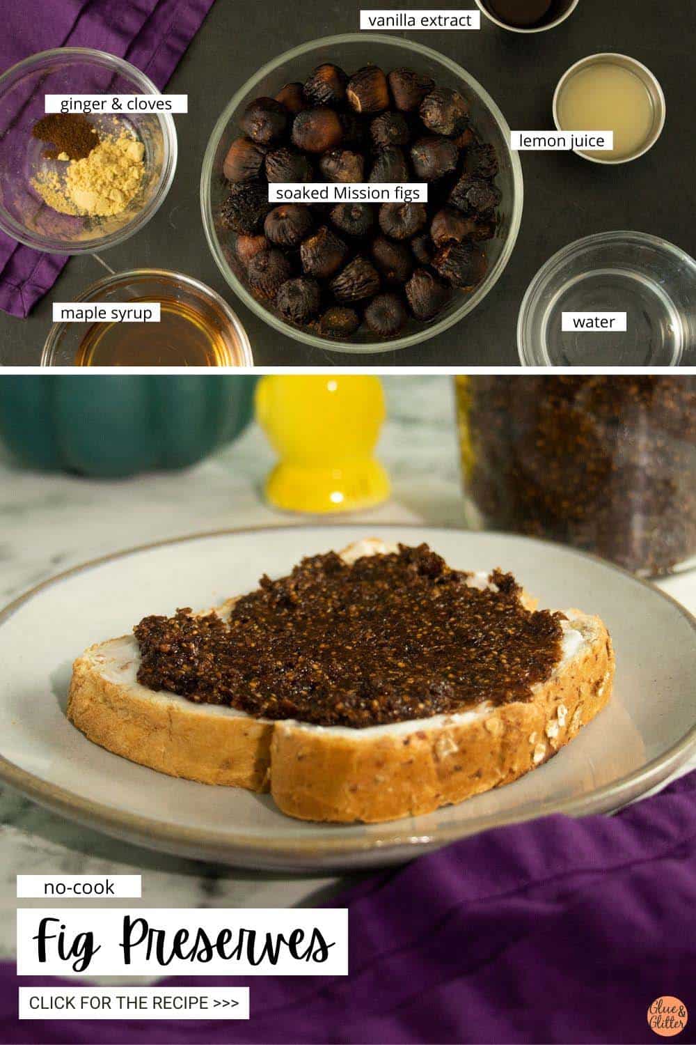 image collage of labeled fig spread ingredients and a picture of it spread onto toast with vegan cheese