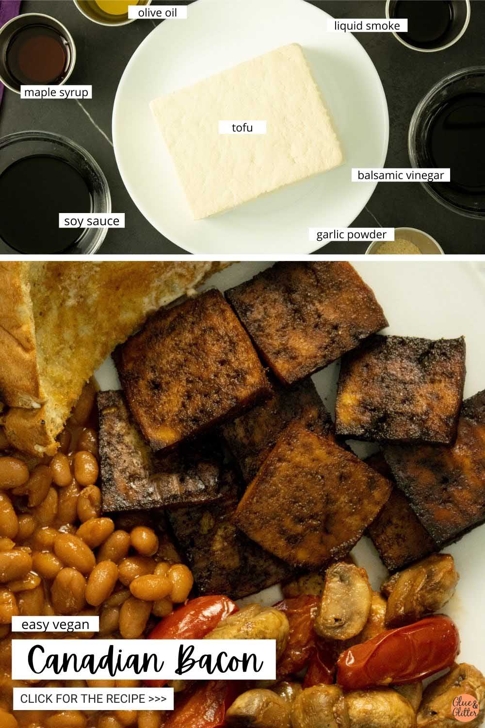image collage of labeled ingredients and an English-style breakfast on a white plate with vegan Canadian bacon