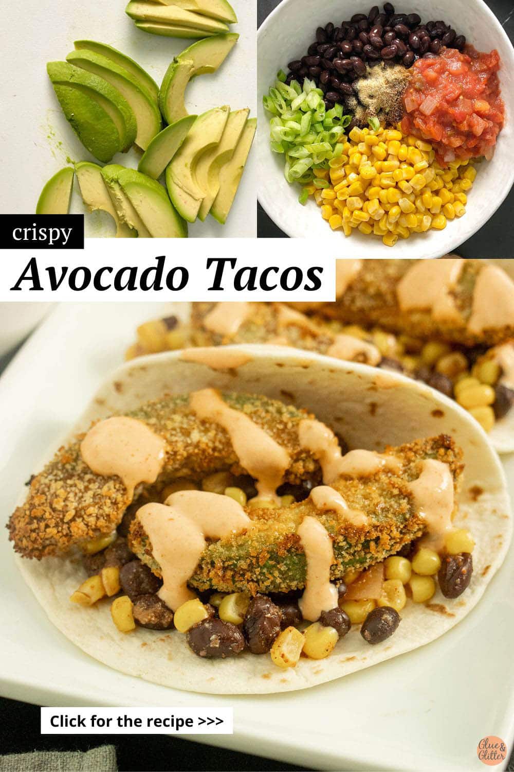 image collage of avocado tacos ingredients and the assembled tacos on a white platter