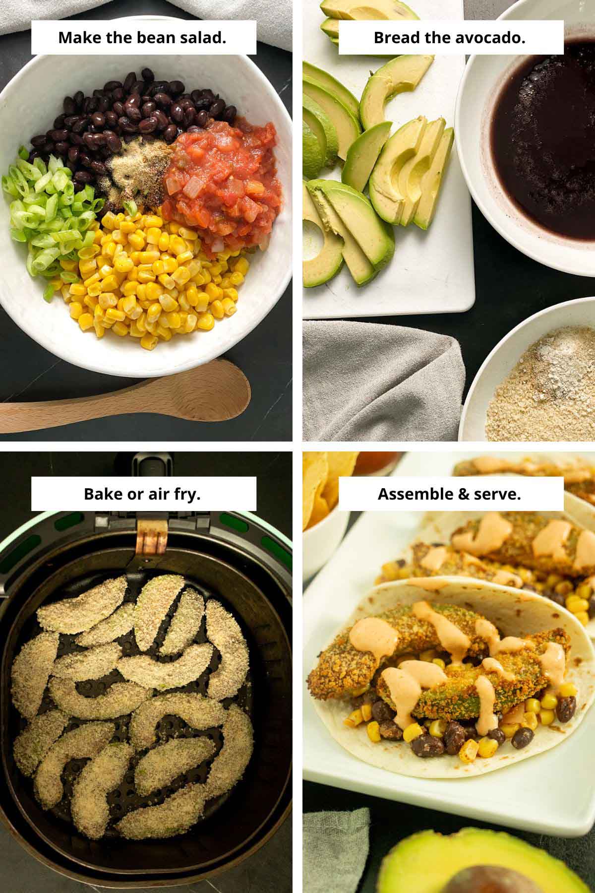 image collage showing the bean salad ingredients in a bowl, breading the avocado, air frying it, and the assembled tacos