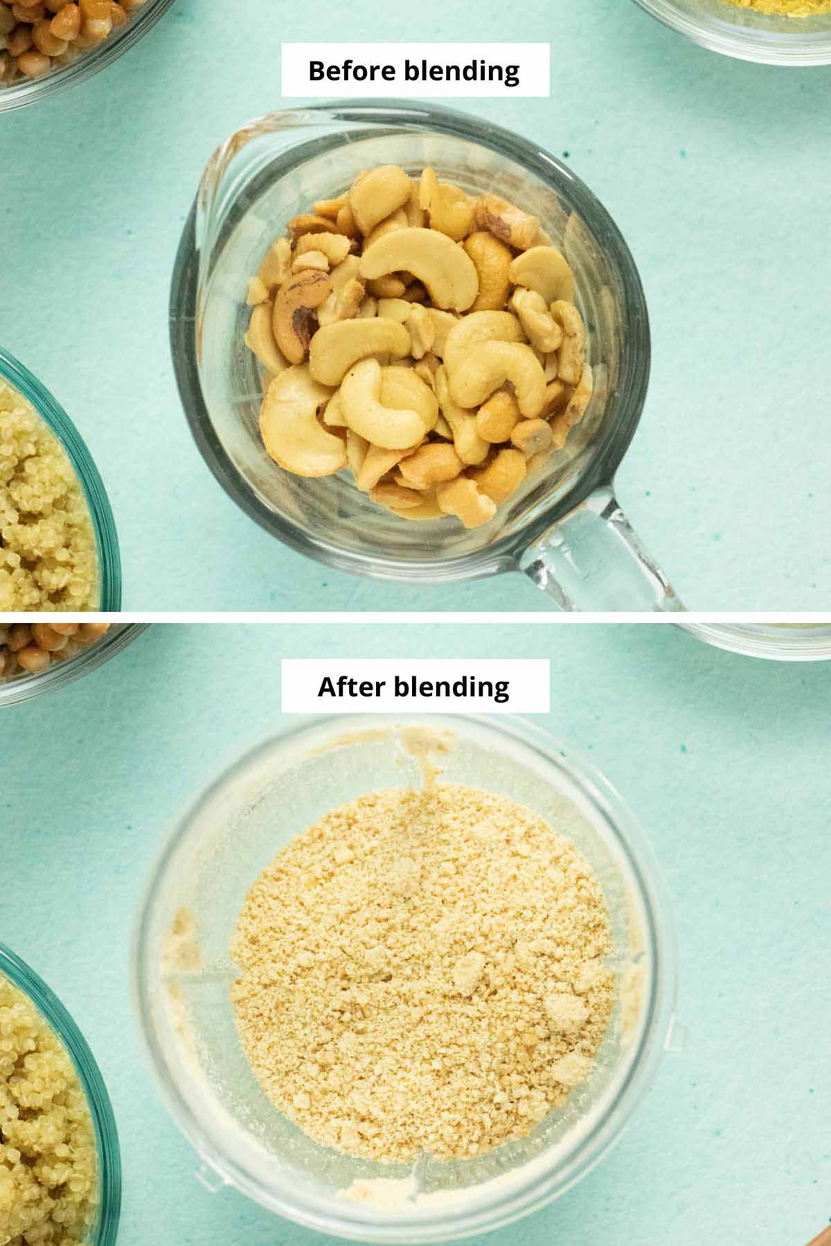 cashews, before and after blending into cashew meal