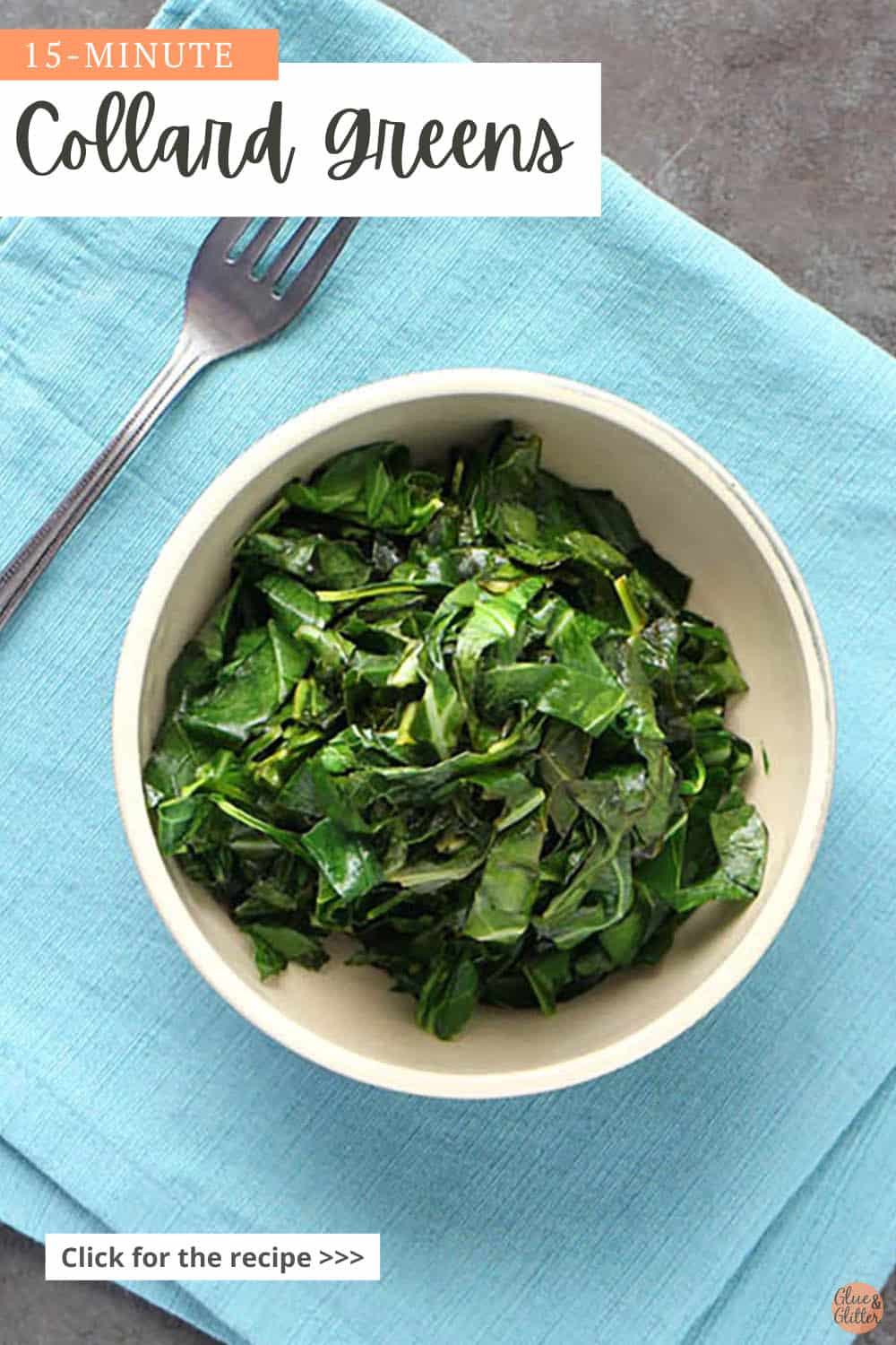 bowl of vegan stovetop collard greens on a blue napkin, text overlay